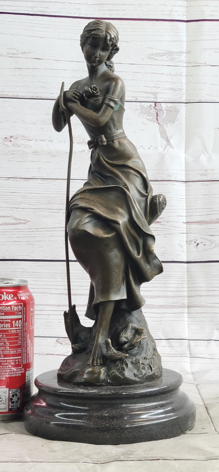 Art Nouveau Bronze Sculpture – Elegant Maiden Holding Rose in Garden