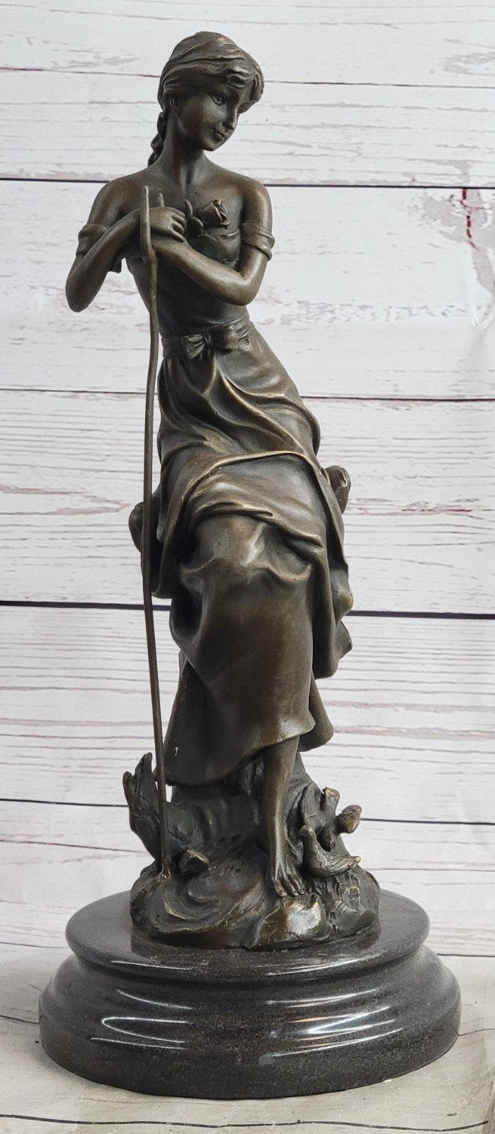 Art Nouveau Bronze Sculpture – Elegant Maiden Holding Rose in Garden