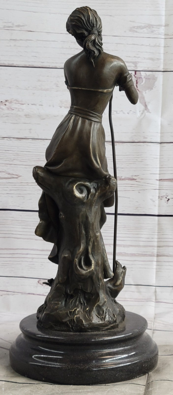 Art Nouveau Bronze Sculpture – Elegant Maiden Holding Rose in Garden