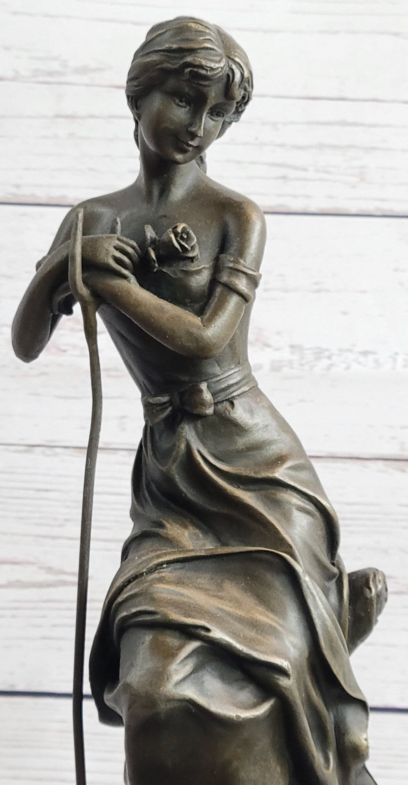 Art Nouveau Bronze Sculpture – Elegant Maiden Holding Rose in Garden