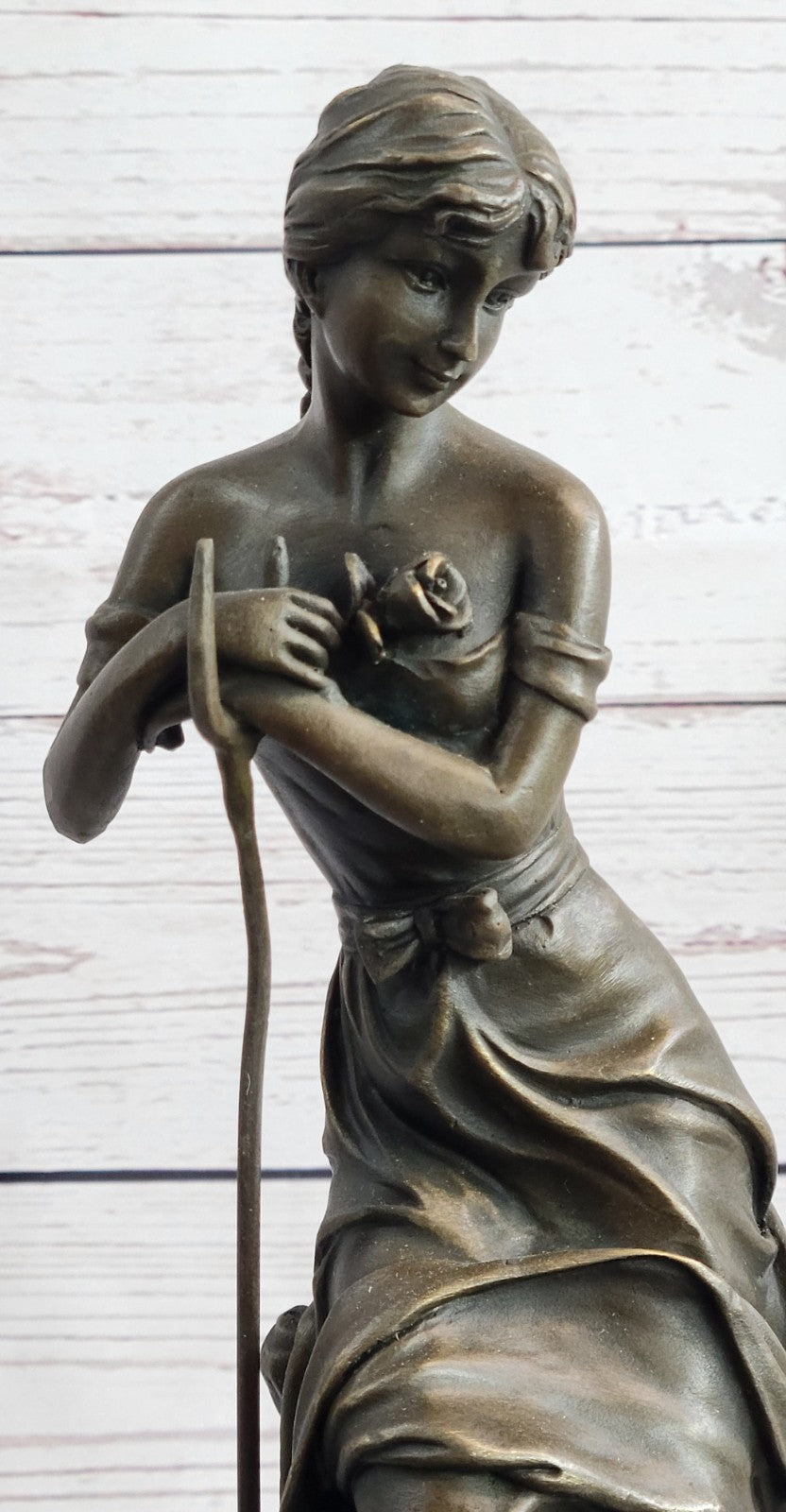 Art Nouveau Bronze Sculpture – Elegant Maiden Holding Rose in Garden
