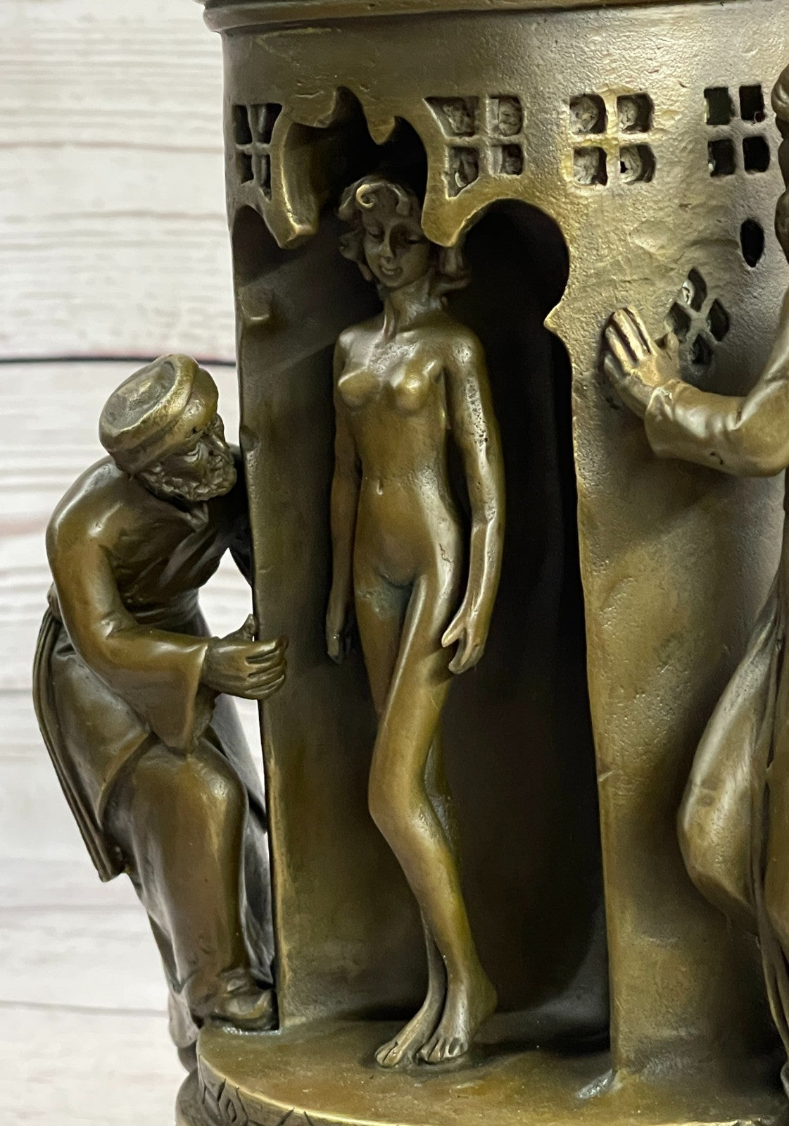 Franz Bergman Bronze Sculpture – Detailed Slave Master with Nude Girl Classic Artwork