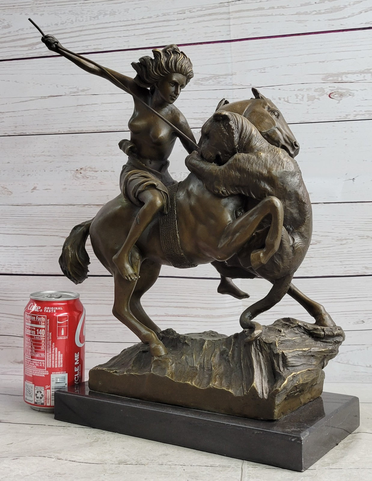 Handcrafted Detailed Nude Warrior Girl On Horse Bronze Sculpture Marble Statue