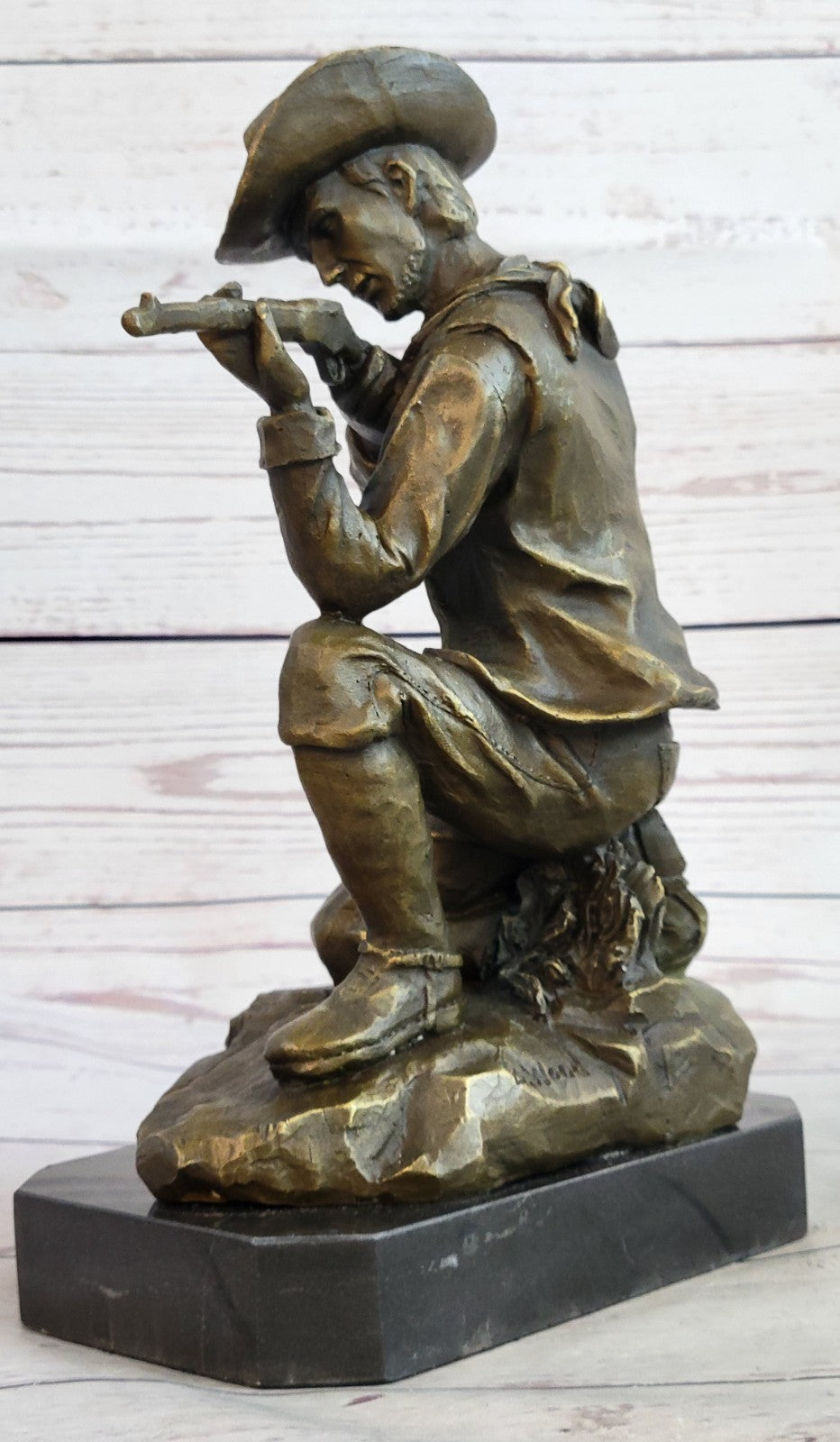 Handcrafted bronze sculpture SALE Rifle Bullet Gun W/ Cowboy Deco Art Western