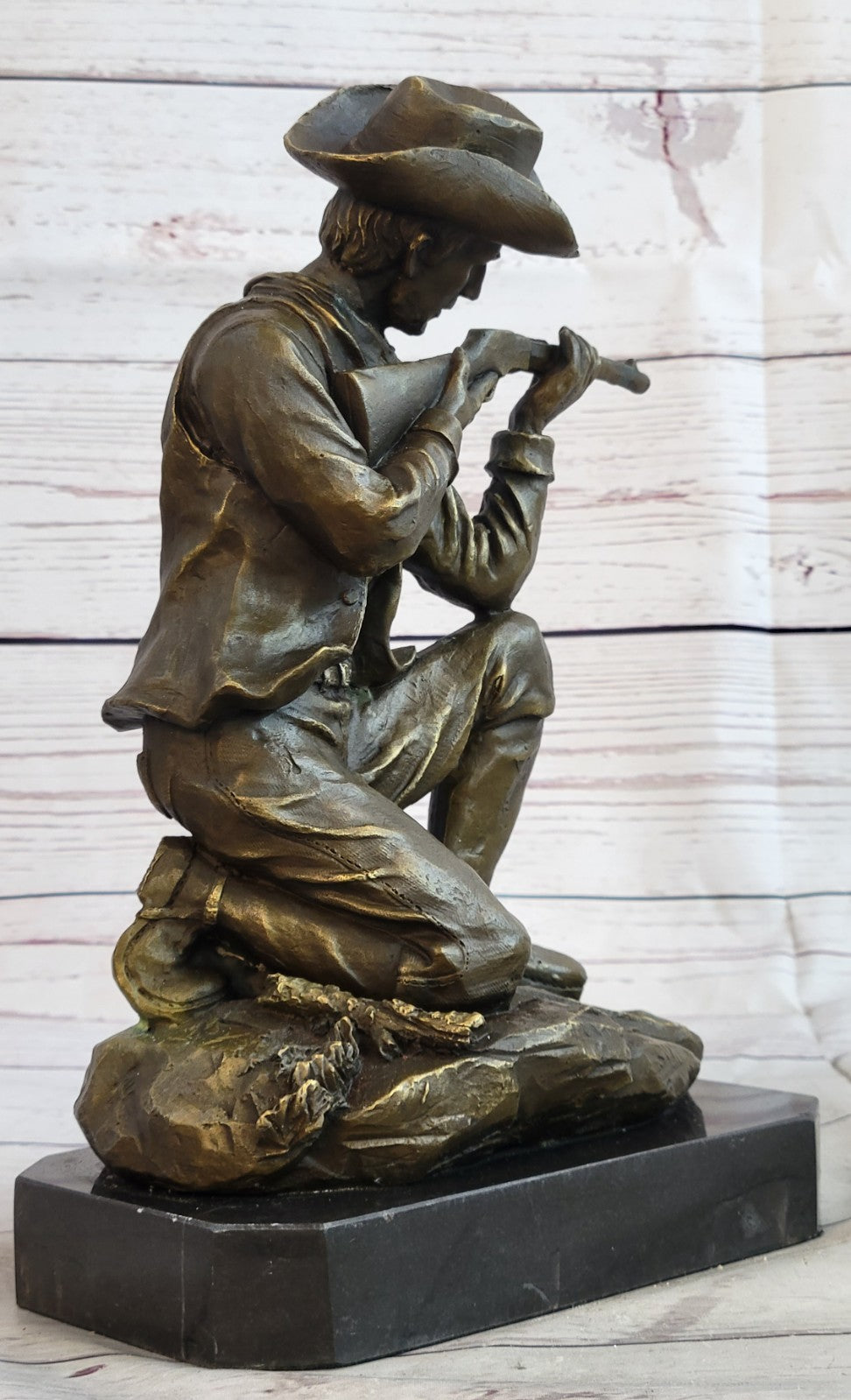 Handcrafted bronze sculpture SALE Rifle Bullet Gun W/ Cowboy Deco Art Western