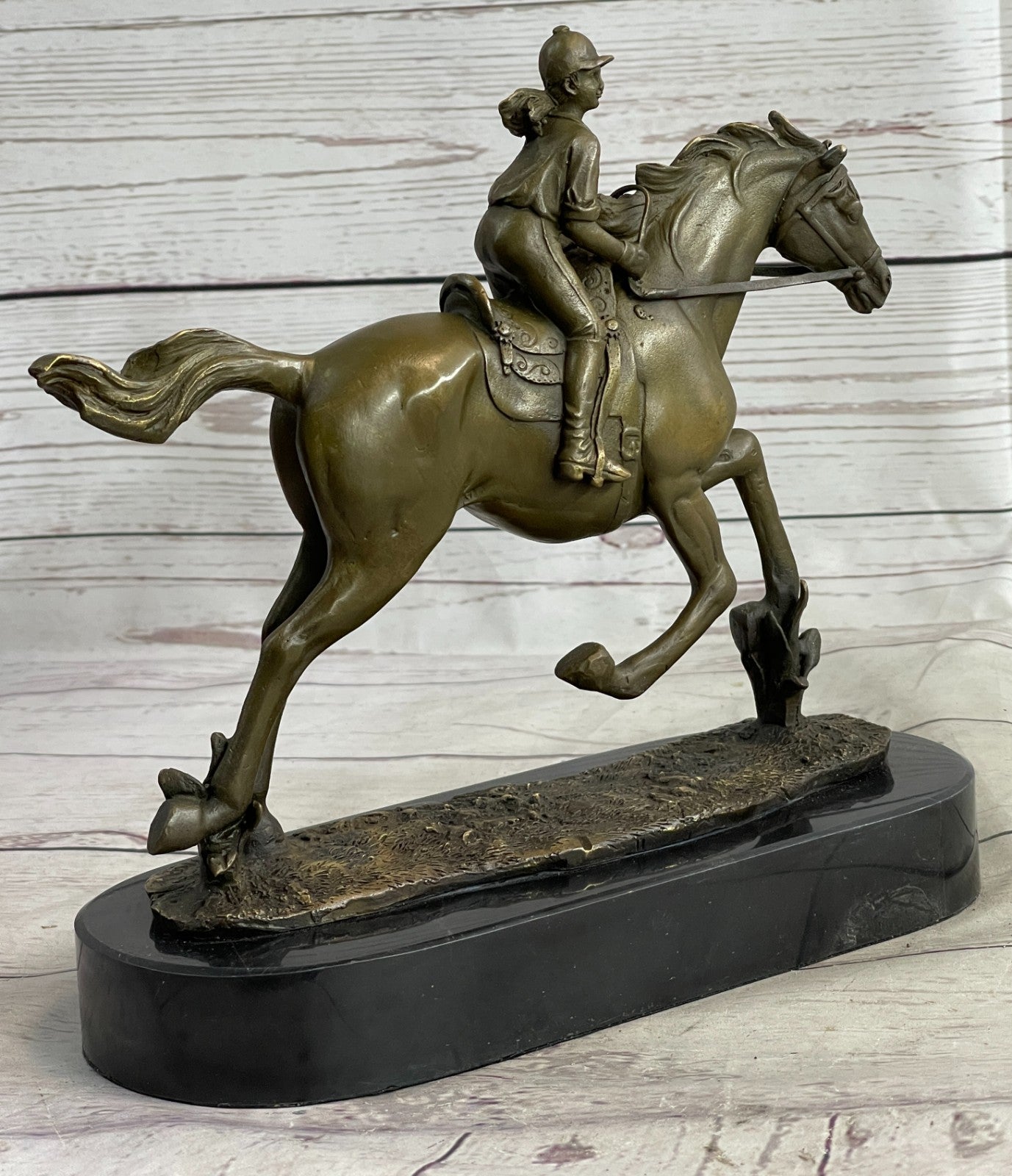 Handcrafted bronze sculpture SALE Horse Racing Jockey Girl Art Western Deco Art