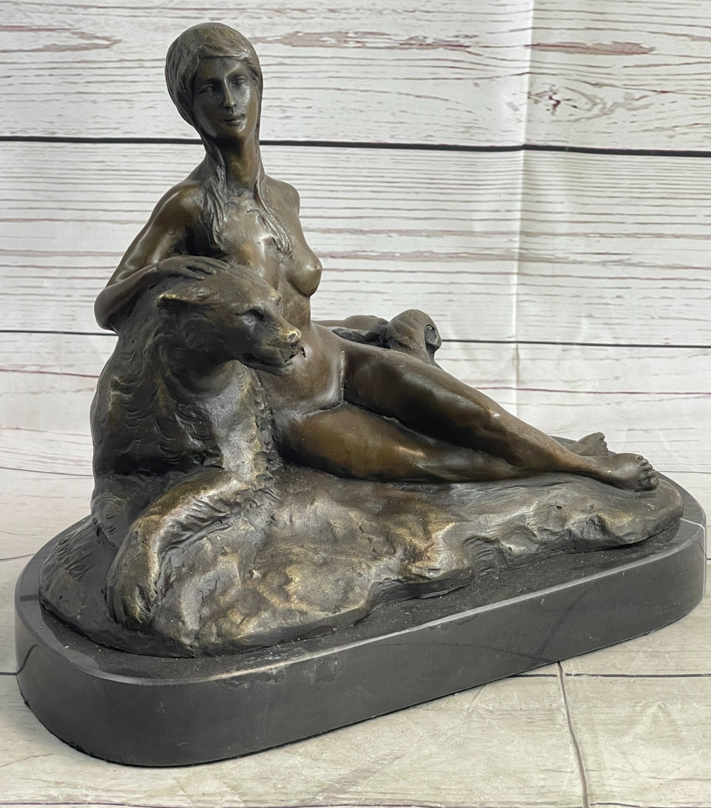 Graceful Harmony: Aldo Vitaleh Nude Woman and Panther Bronze Figurine - Collectible Art