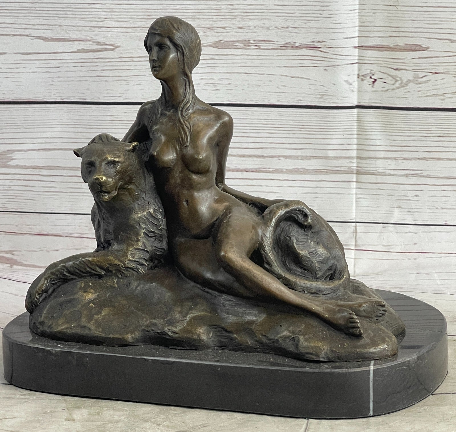 Graceful Harmony: Aldo Vitaleh Nude Woman and Panther Bronze Figurine - Collectible Art