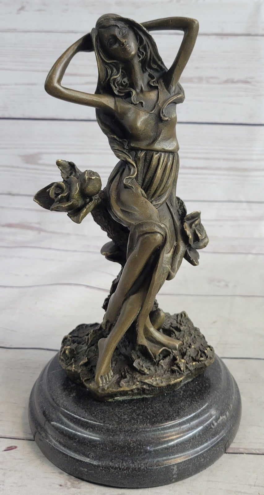 Handcrafted Art Nouveau Sexy Maiden with Bunch of Roses Flower Bronze Figurine