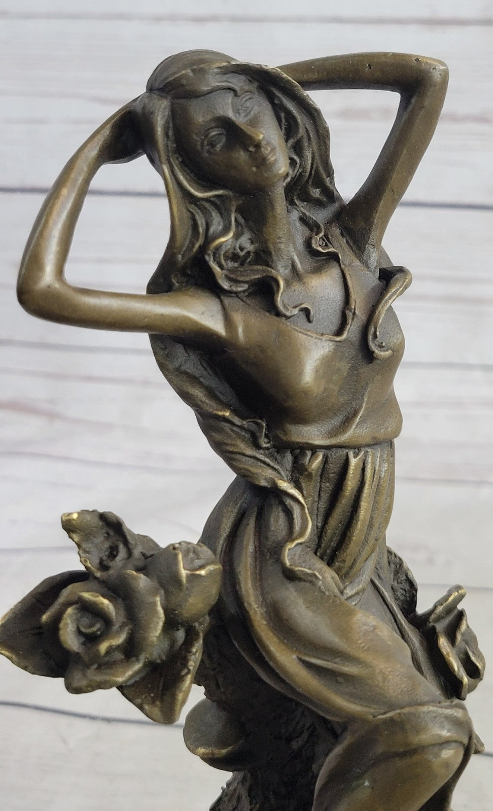 Handcrafted Art Nouveau Sexy Maiden with Bunch of Roses Flower Bronze Figurine