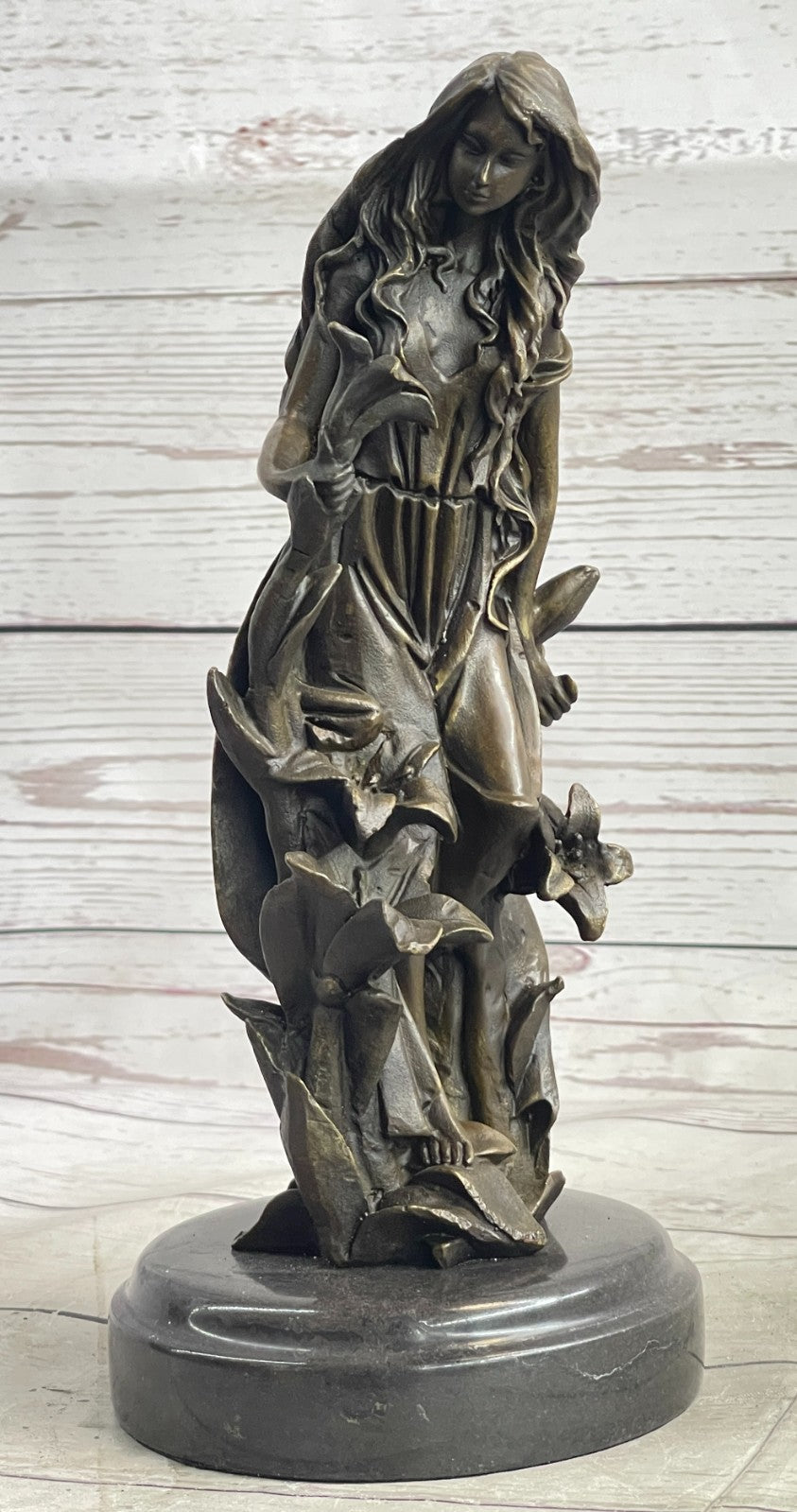 Beautiful Girl With Bunch of Flower On Bronze Sculpture Statue Figurine Deal