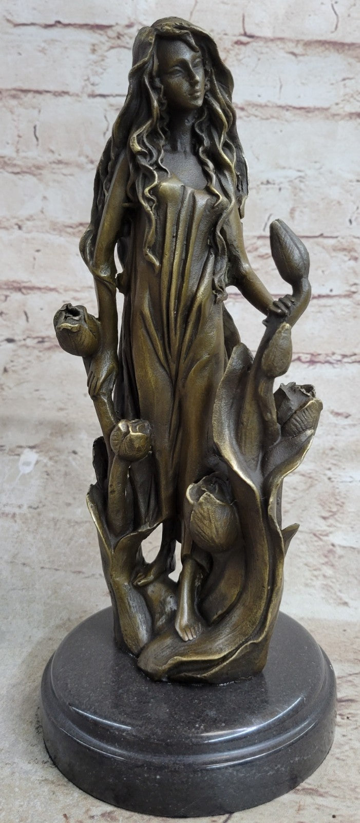 Bronze Sculpture Young lady Gazes into sky with Flower Art Nouveau Deco Decor