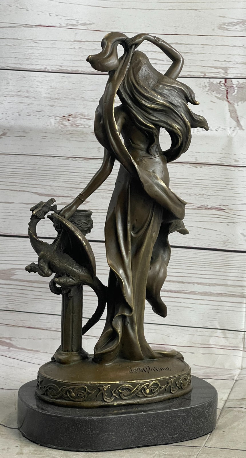 Signed Original Floral Goddess Candle Holder Bronze Marble Sculpture Statue De