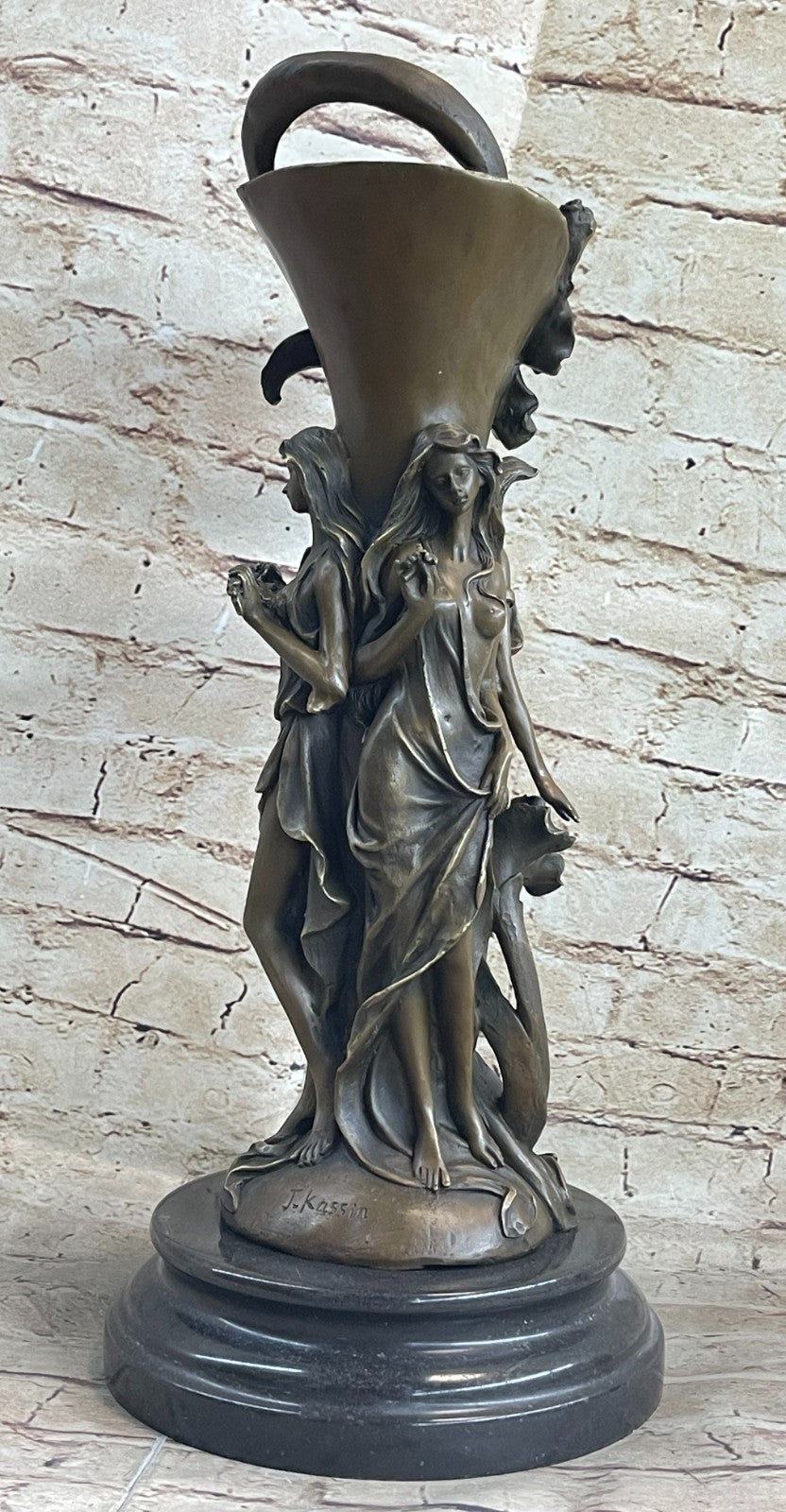 Handcrafted Art Deco 3 Sexy Girl Nude Naked Art Nouveau Vase Bronze Sculpture