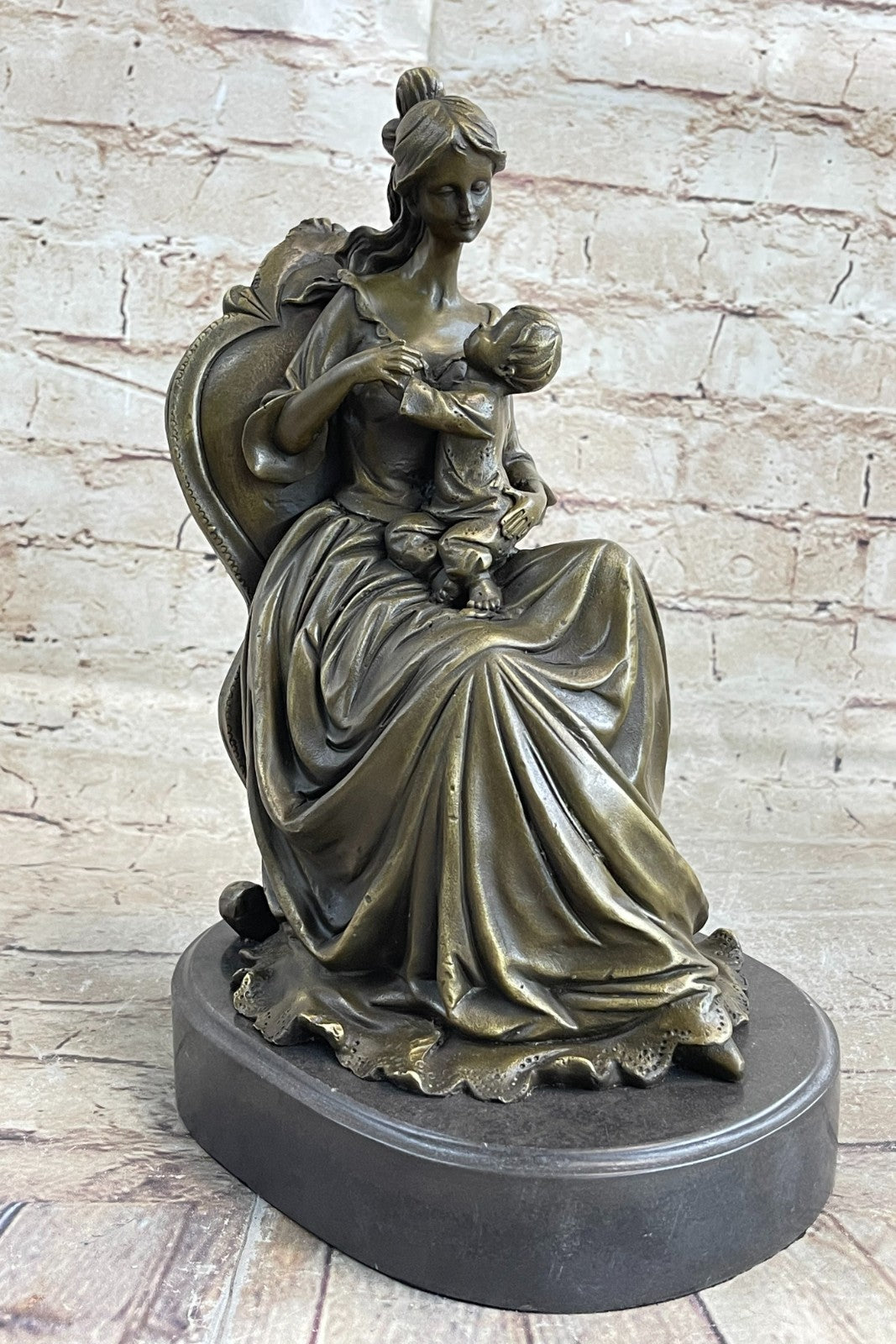Vintage Bronze Sculpture of Mother and Child – Elegant Lady Holding Baby | Buy Now on Sale