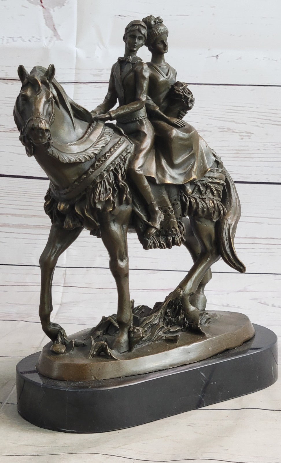 Treasured Keepsake: Handcrafted Bronze Sculpture Bride & Groom on Horse Collectible
