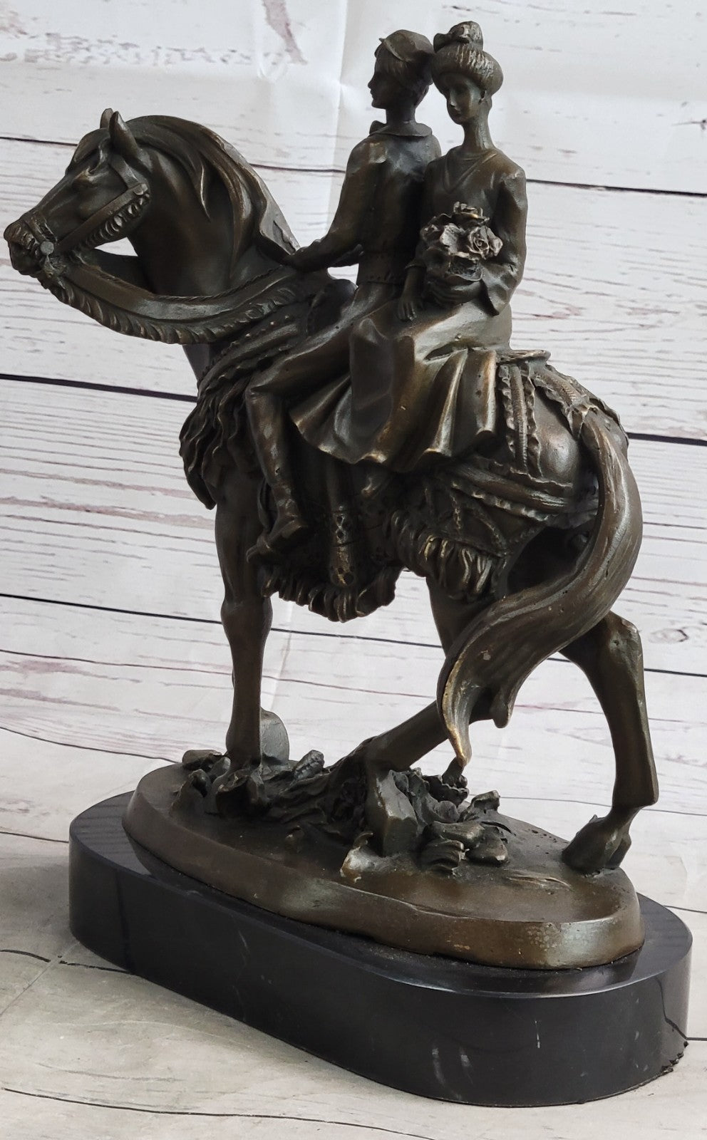Treasured Keepsake: Handcrafted Bronze Sculpture Bride & Groom on Horse Collectible