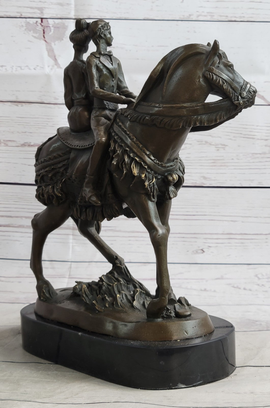 Treasured Keepsake: Handcrafted Bronze Sculpture Bride & Groom on Horse Collectible