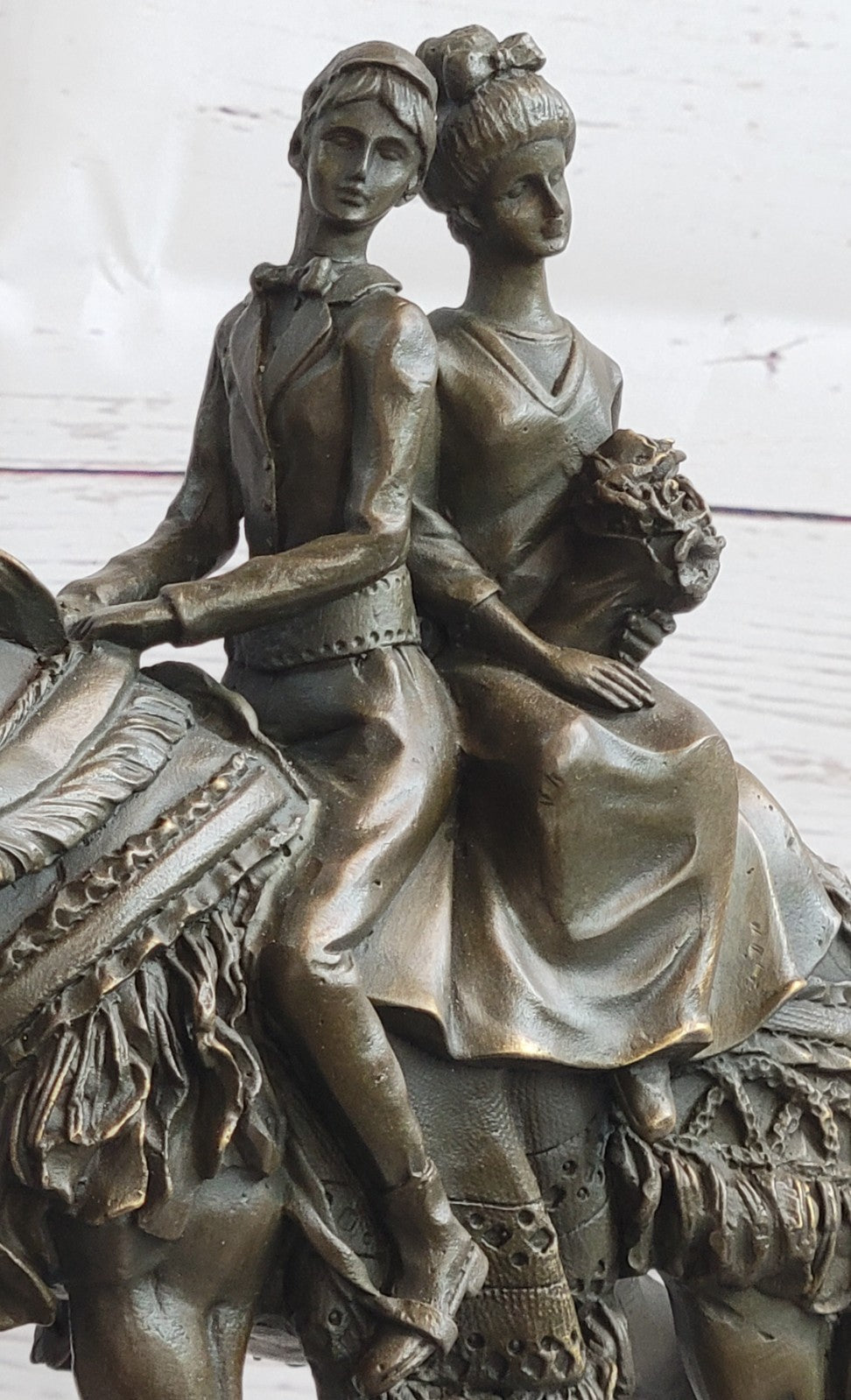 Treasured Keepsake: Handcrafted Bronze Sculpture Bride & Groom on Horse Collectible