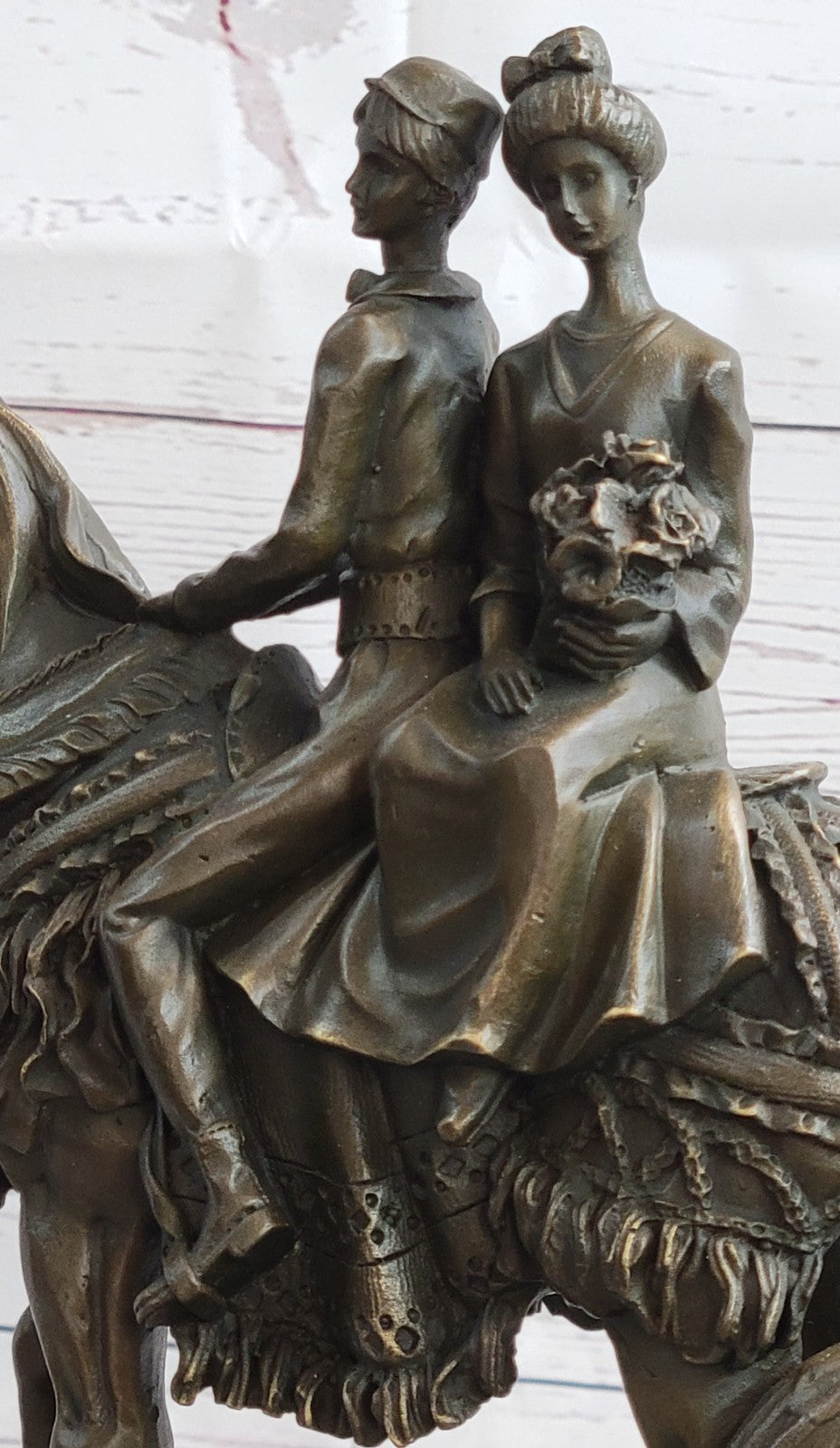 Treasured Keepsake: Handcrafted Bronze Sculpture Bride & Groom on Horse Collectible