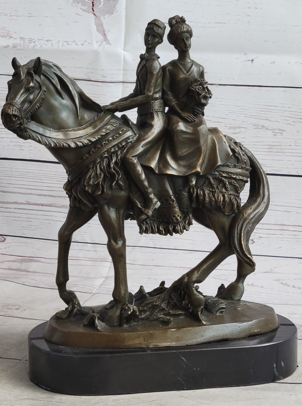 Treasured Keepsake: Handcrafted Bronze Sculpture Bride & Groom on Horse Collectible