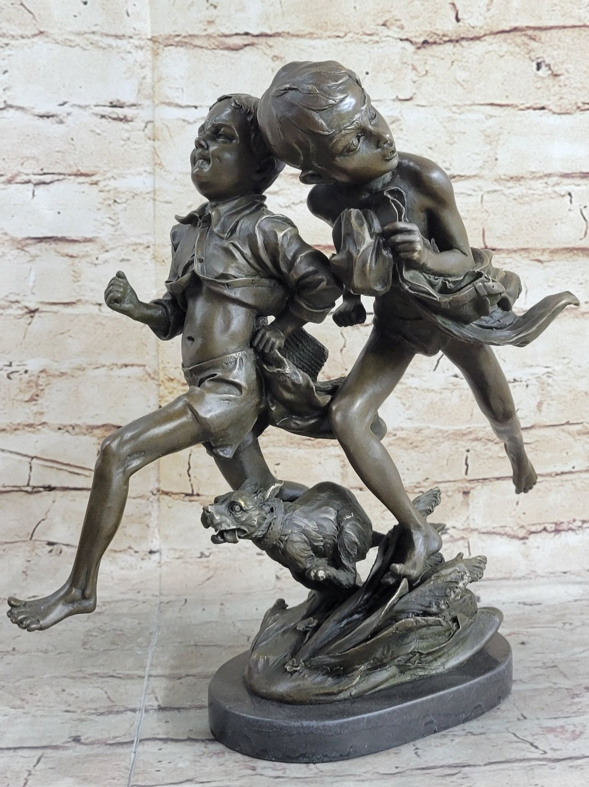 VINTAGE ALDO VITALH BRONZE "BOY RUNNING WITH DOG" SCULPTURE ON MARBLE BASE SALE