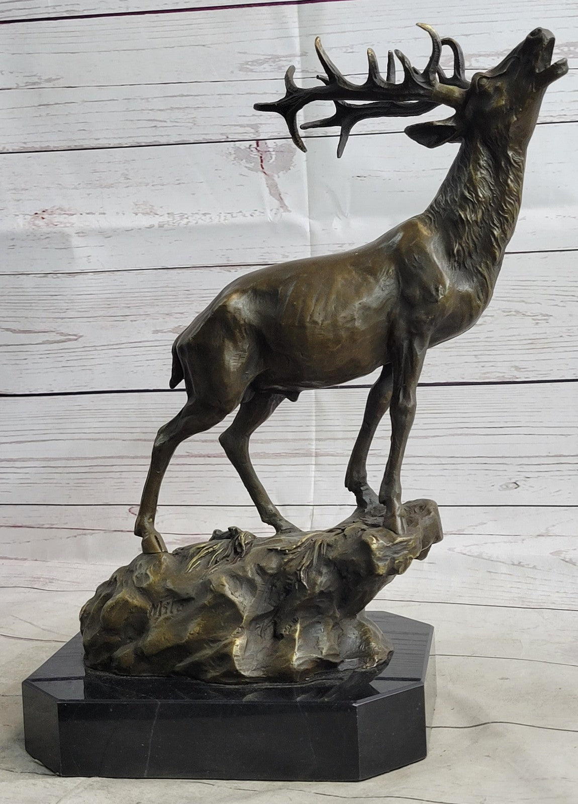 Game Hunter Elk Stag Deer Buck Lodge Cabin Wildlife Art Bronze Marble Statue Art