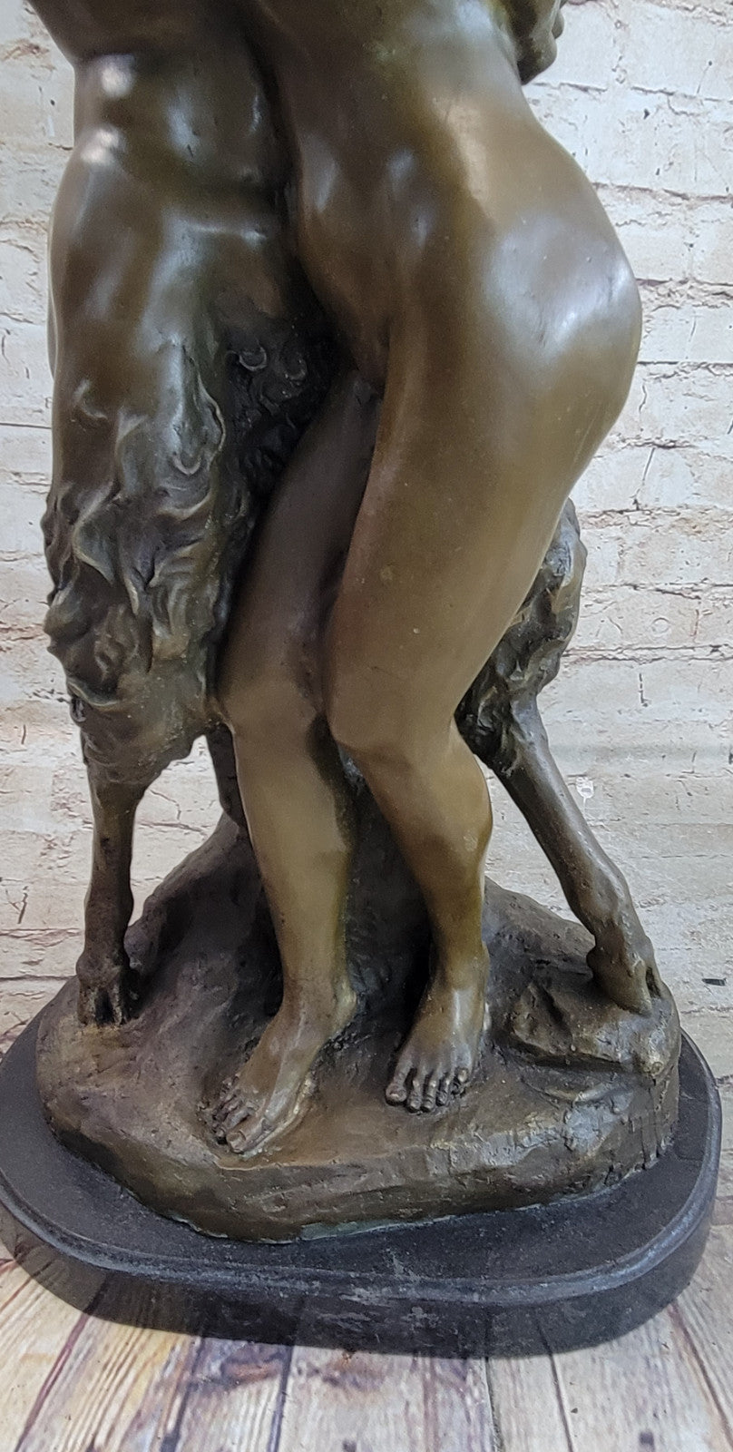 Greek God Pan Faun charms his way in the Arms of a Nude Woman  Bronze Statue