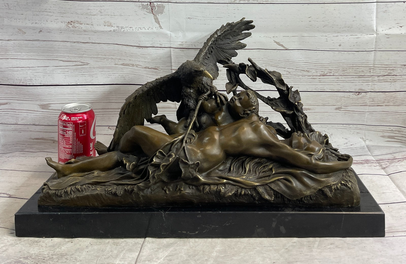 Handcrafted bronze sculpture Hawk Eagle Baby W/ Nude Girl Original Signed Artwork