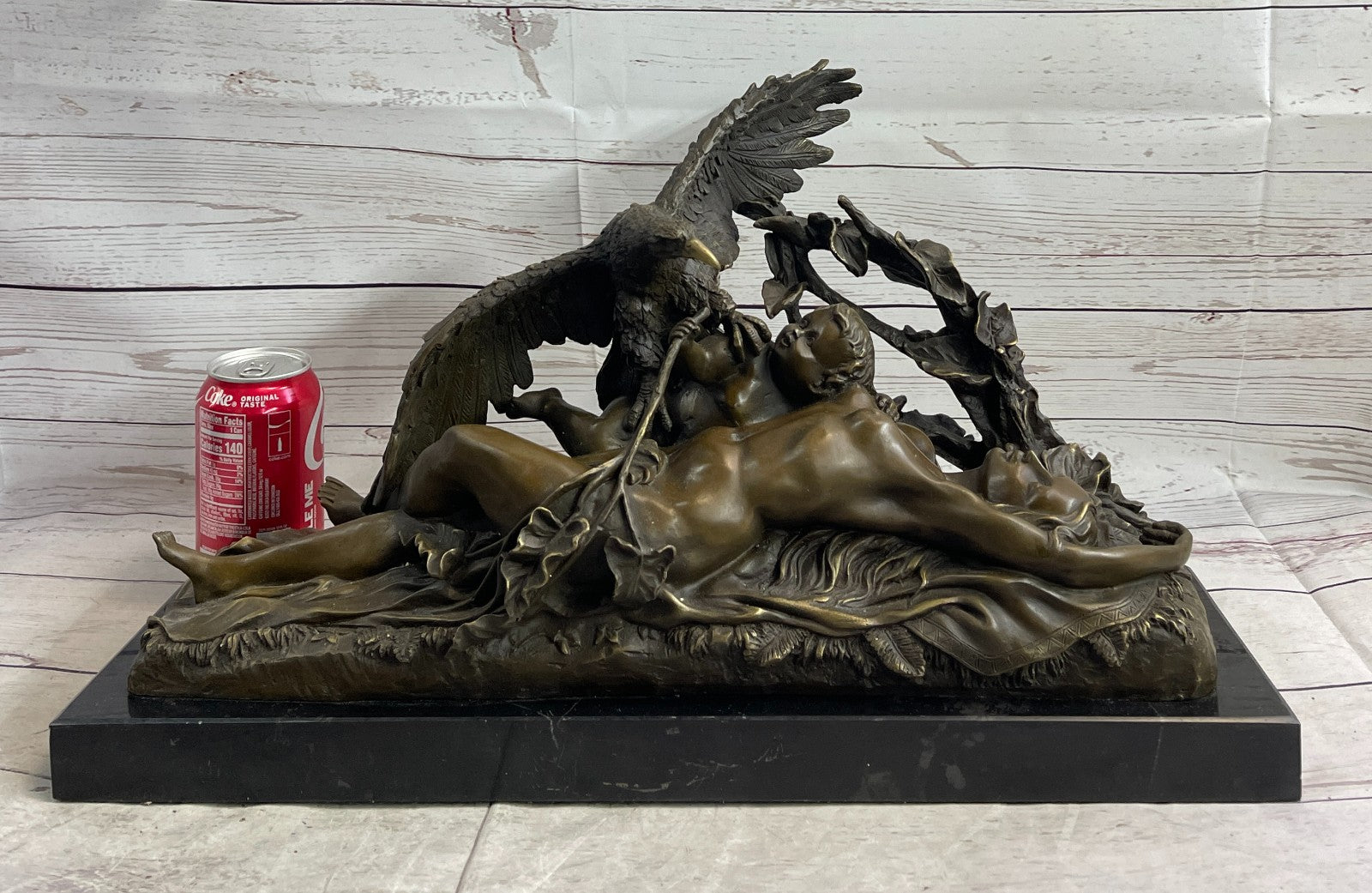 Handcrafted bronze sculpture Hawk Eagle Baby W/ Nude Girl Original Signed Artwork