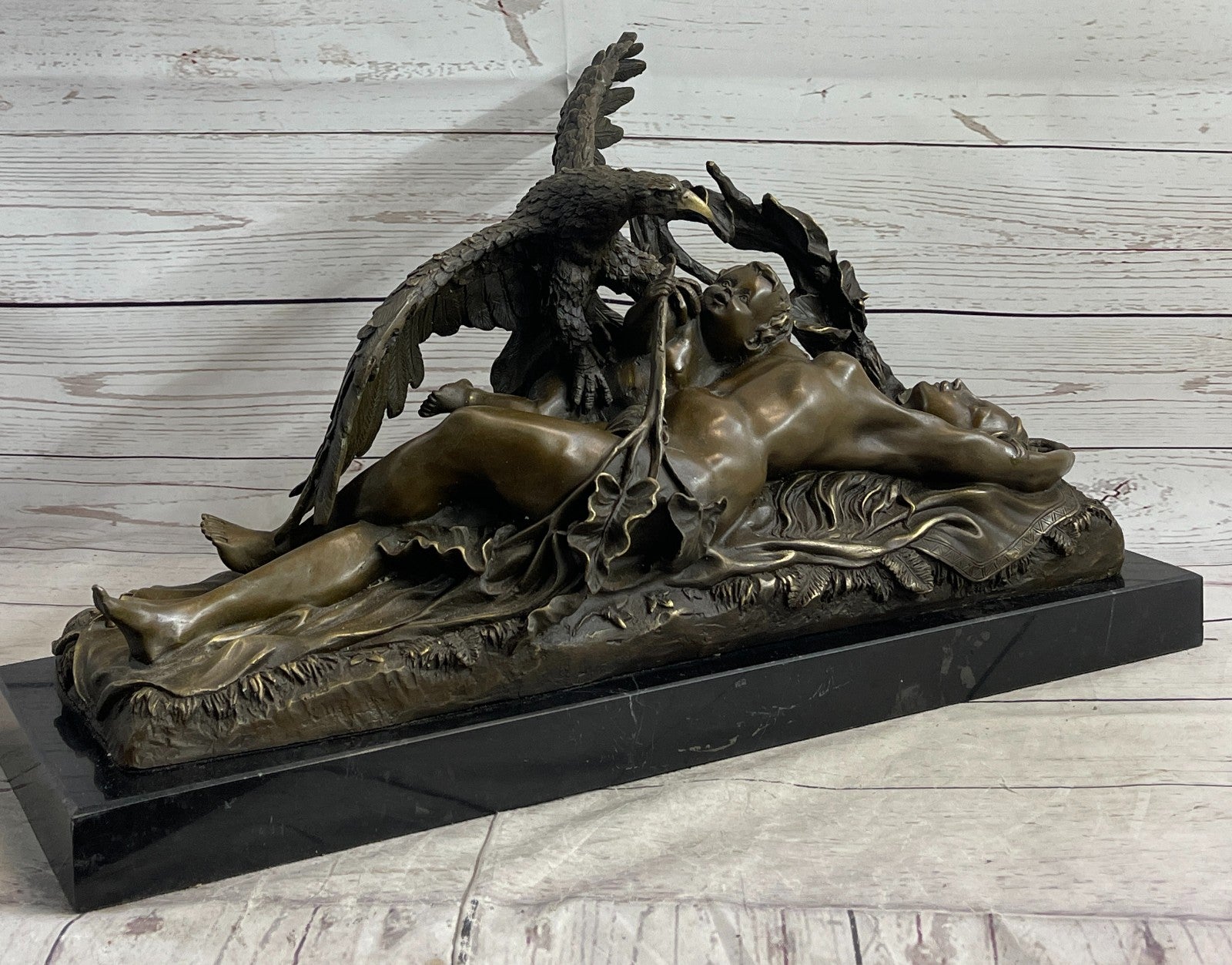 Handcrafted bronze sculpture Hawk Eagle Baby W/ Nude Girl Original Signed Artwork