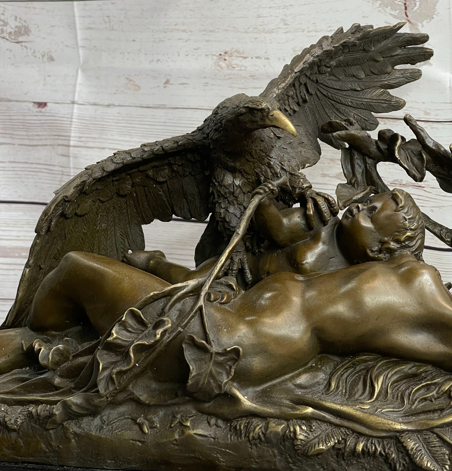 Handcrafted bronze sculpture Hawk Eagle Baby W/ Nude Girl Original Signed Artwork