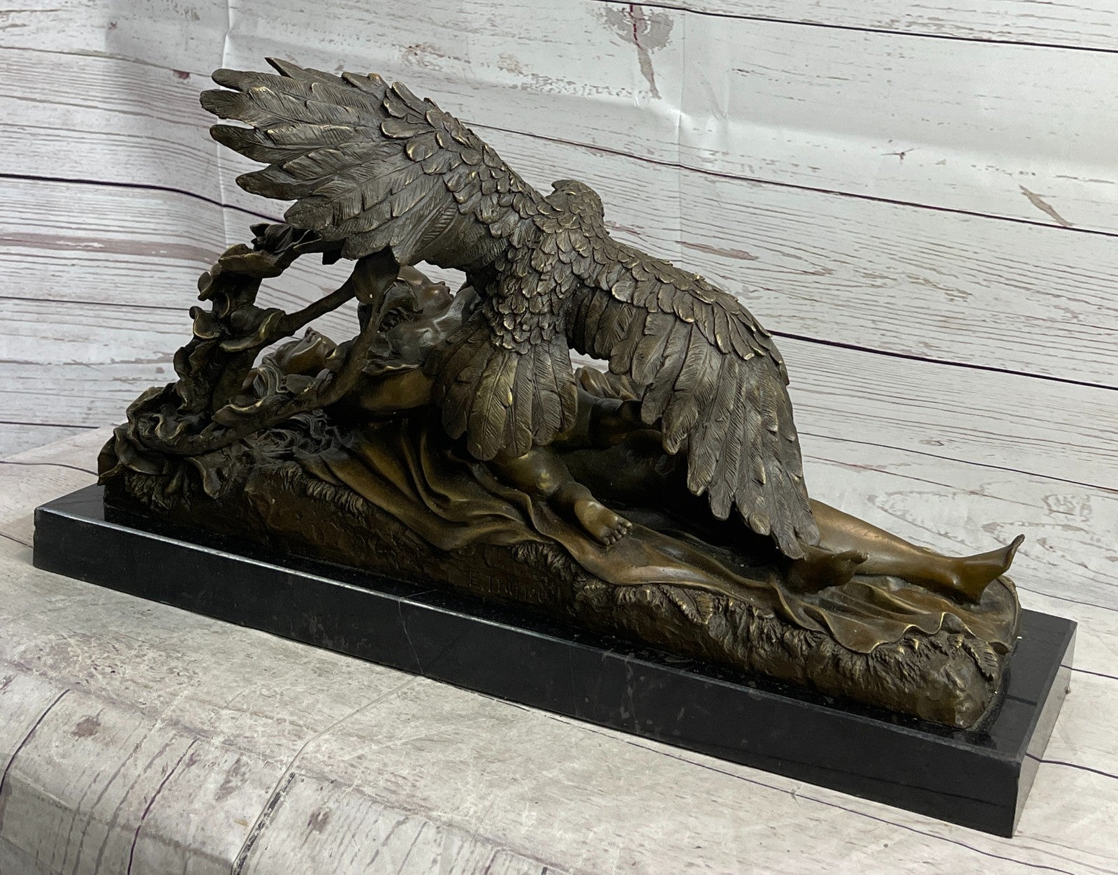 Handcrafted bronze sculpture Hawk Eagle Baby W/ Nude Girl Original Signed Artwork