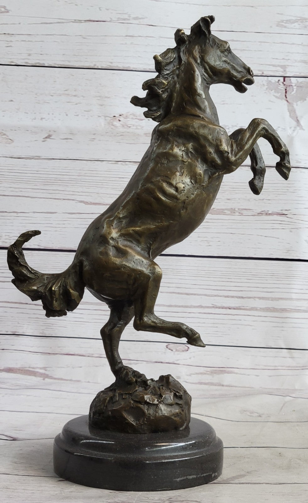 Signed Art Deco Rearing Horse Bronze Sculpture Marble Base Statue Lost Wax