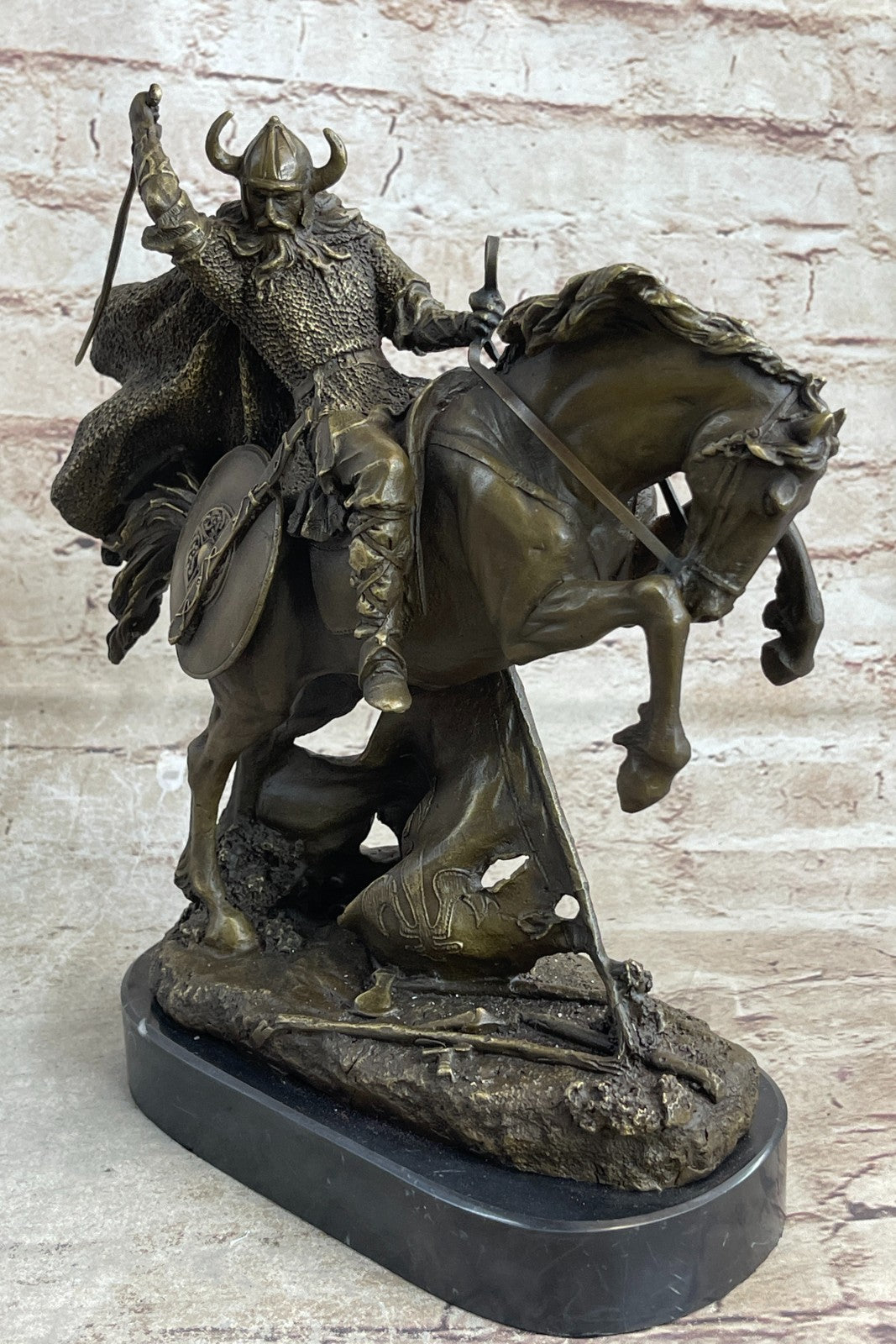 SIGNED BRONZE WARRIOR VIKING ANGLO SAXON FIGURE ON HORSE 14 LBS Decorative gift