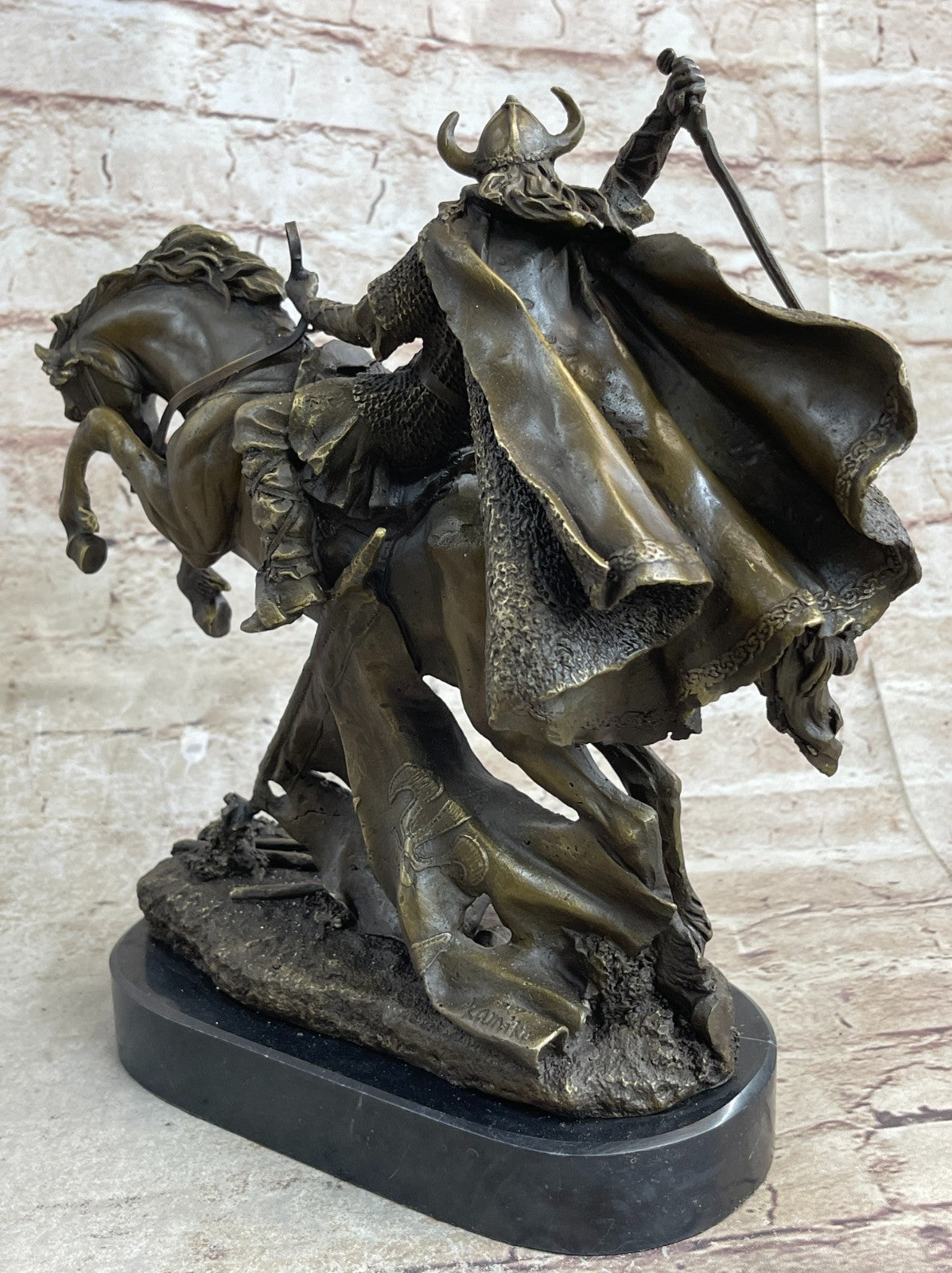 SIGNED BRONZE WARRIOR VIKING ANGLO SAXON FIGURE ON HORSE 14 LBS Decorative gift