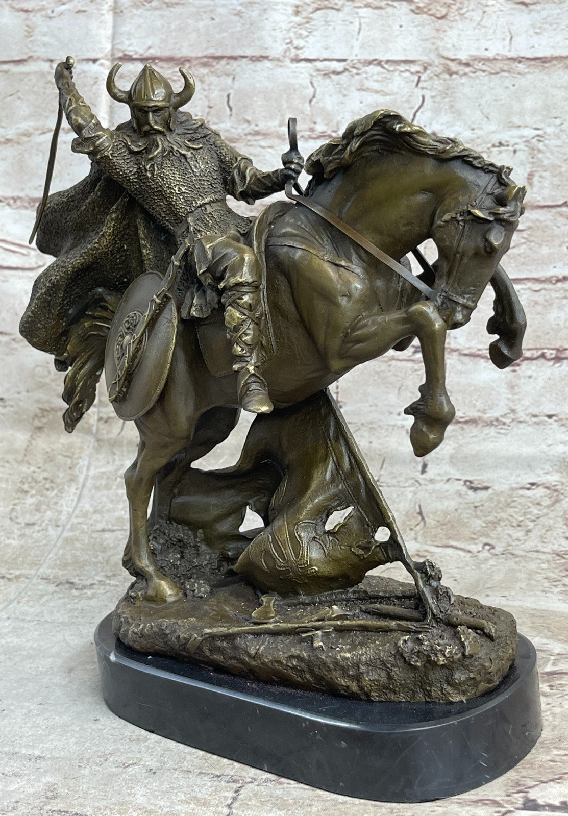 SIGNED BRONZE WARRIOR VIKING ANGLO SAXON FIGURE ON HORSE 14 LBS Decorative gift