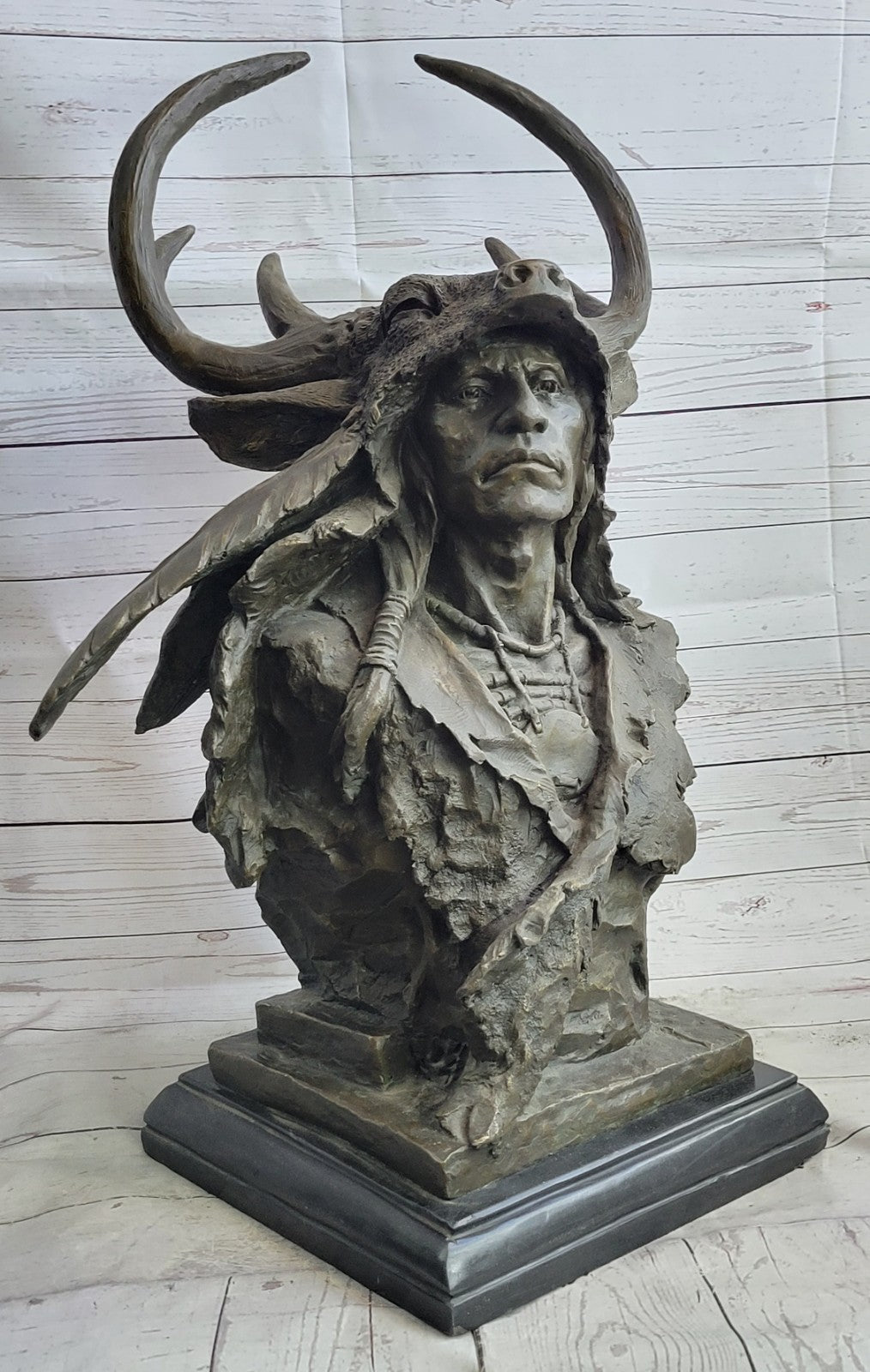 Native American Indian Chief Geronimo Bronze Bust Sculpture – Signed Milo – For Sale