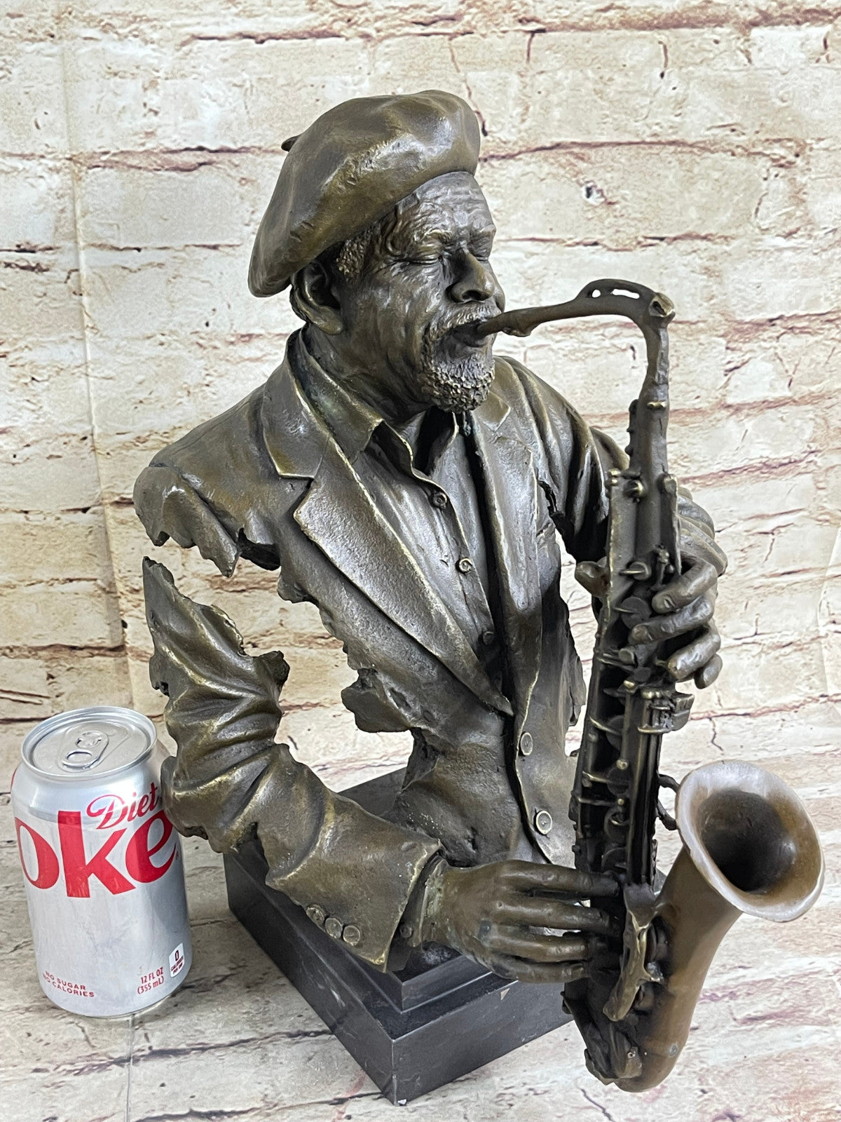 Vintage Brutalist Cast Bronze Sculpture Jazz Saxophone Player Figure Mid Century