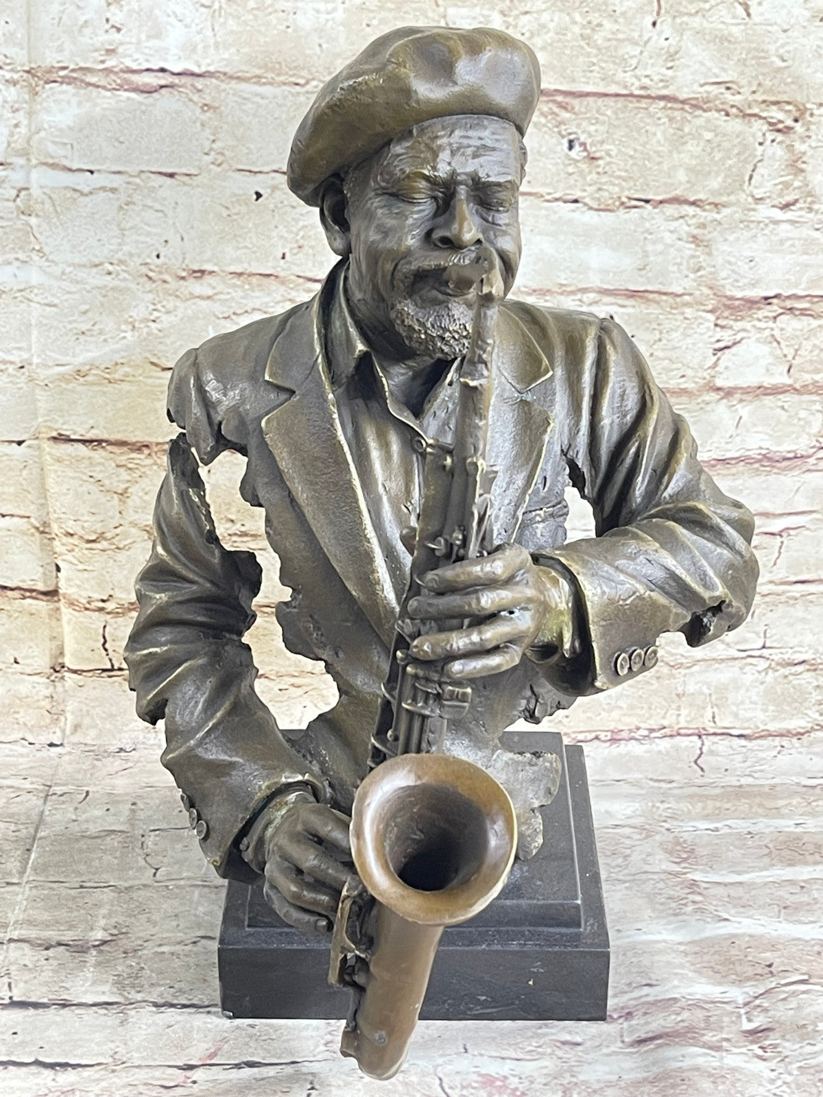 Vintage Brutalist Cast Bronze Sculpture Jazz Saxophone Player Figure Mid Century