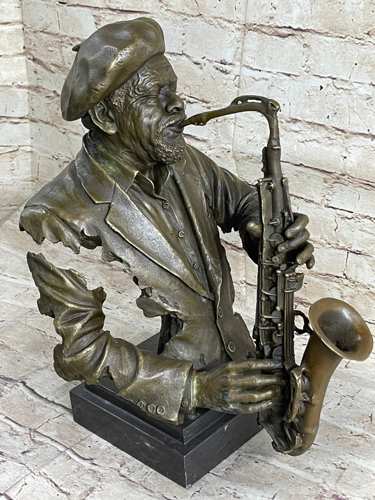 Vintage Brutalist Cast Bronze Sculpture Jazz Saxophone Player Figure Mid Century