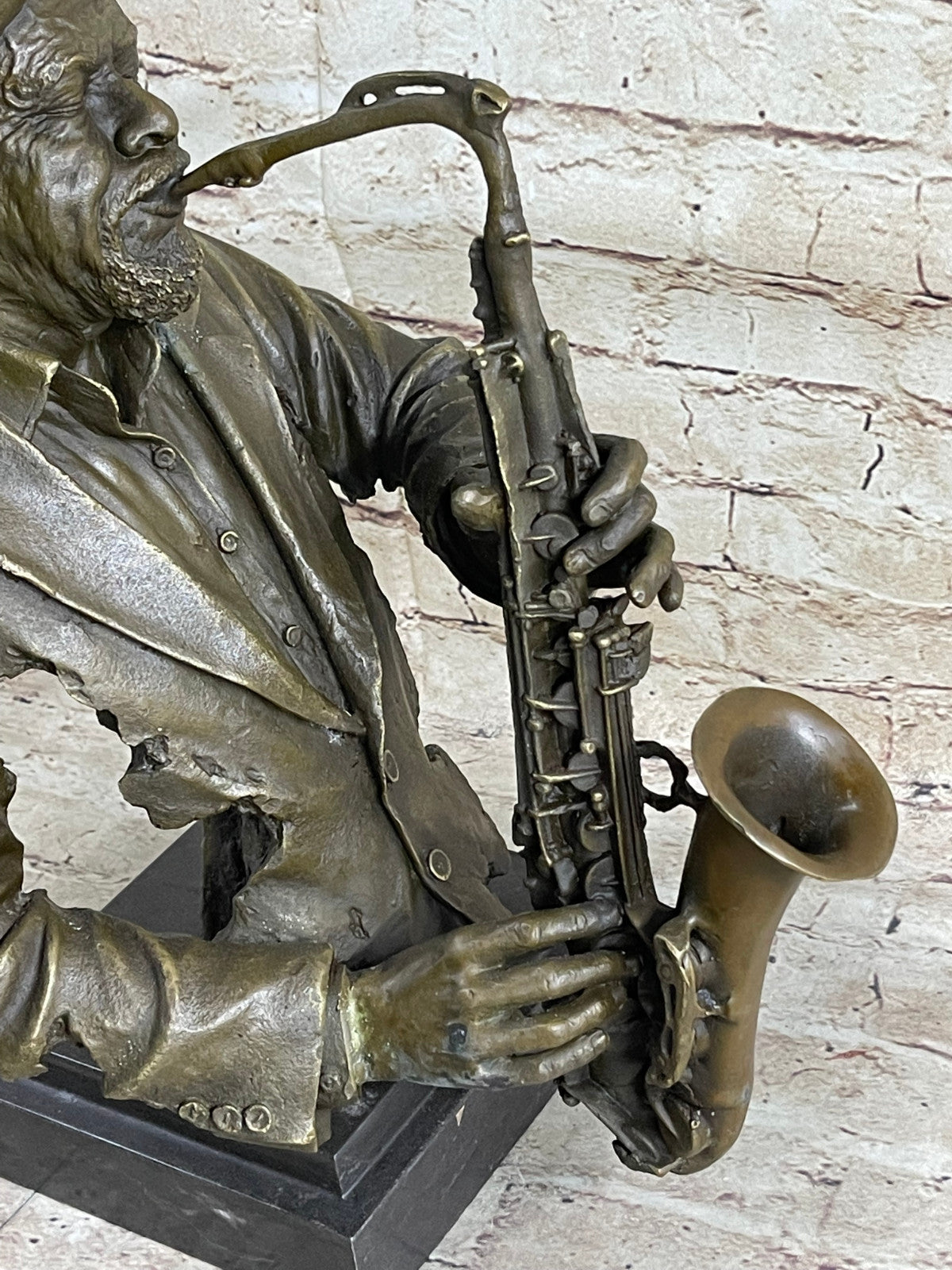 Vintage Brutalist Cast Bronze Sculpture Jazz Saxophone Player Figure Mid Century