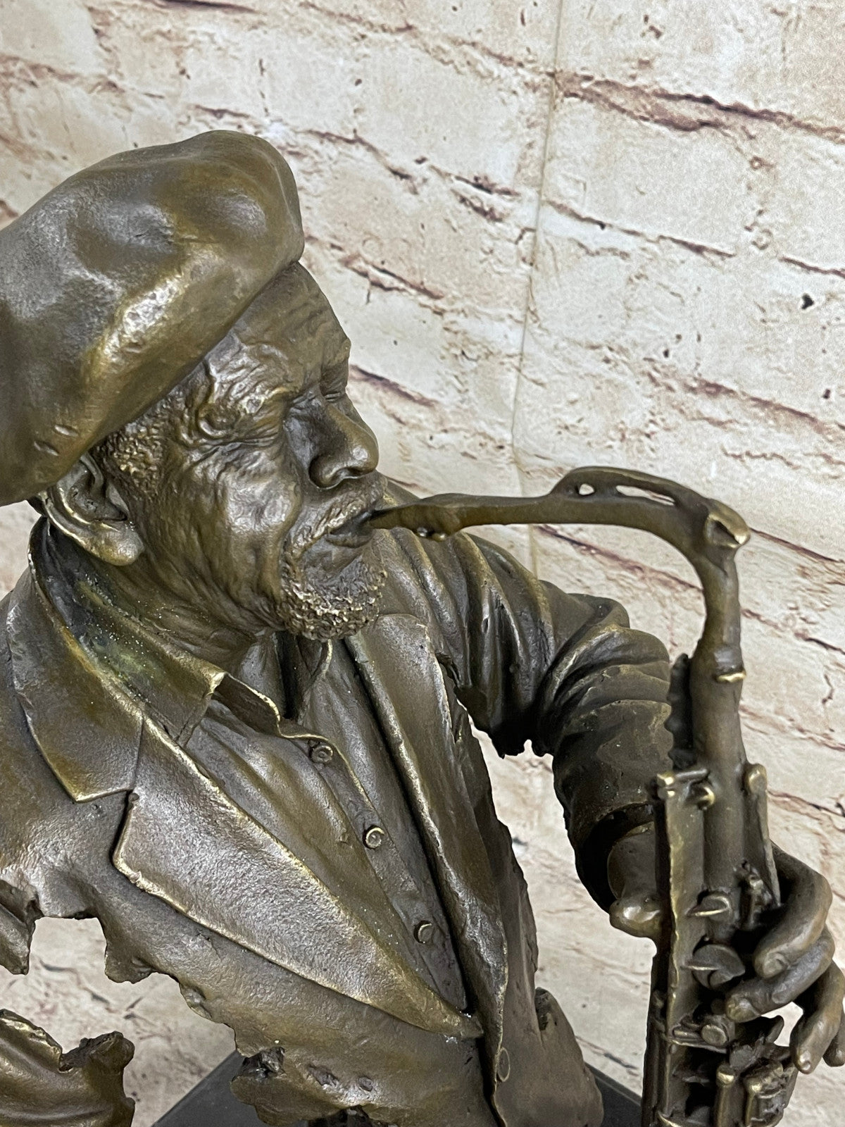 Vintage Brutalist Cast Bronze Sculpture Jazz Saxophone Player Figure Mid Century