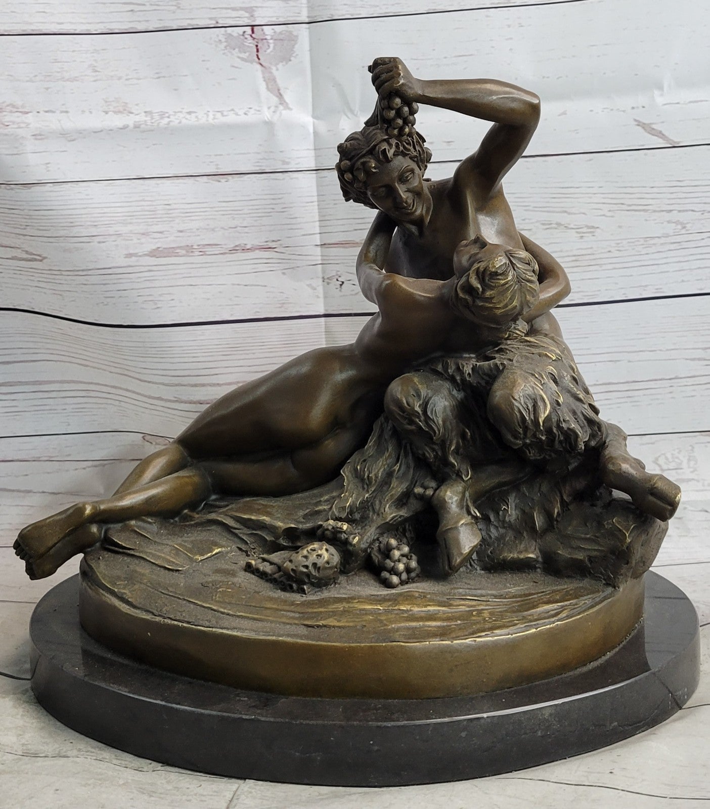 Collectible Bronze Figurine: Mythical Faun Seducing Naked Woman, Signed Milo