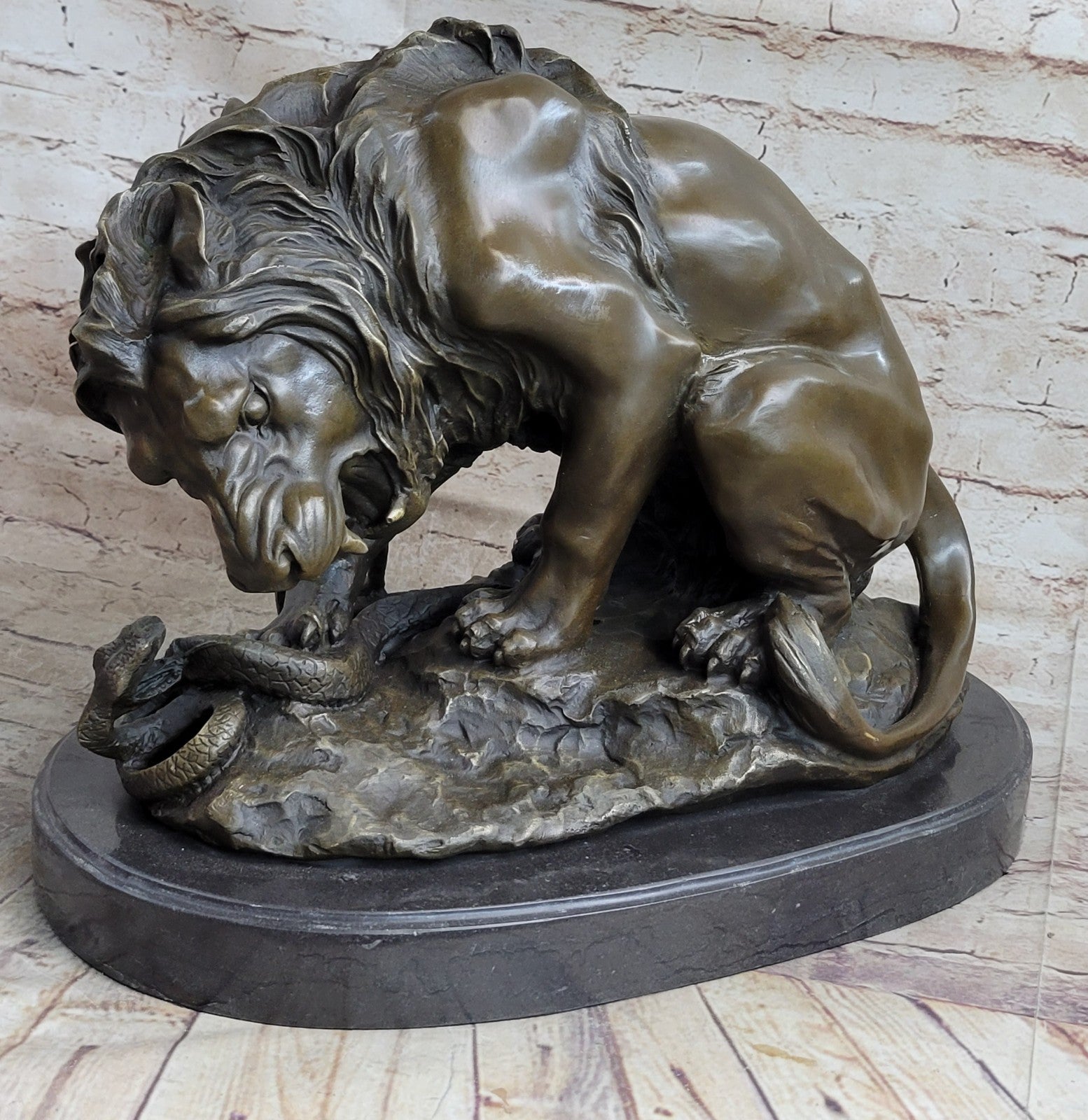 Handcrafted Extra Large Lion and Serpent Museum Quality Bronze Artwork Sculpture