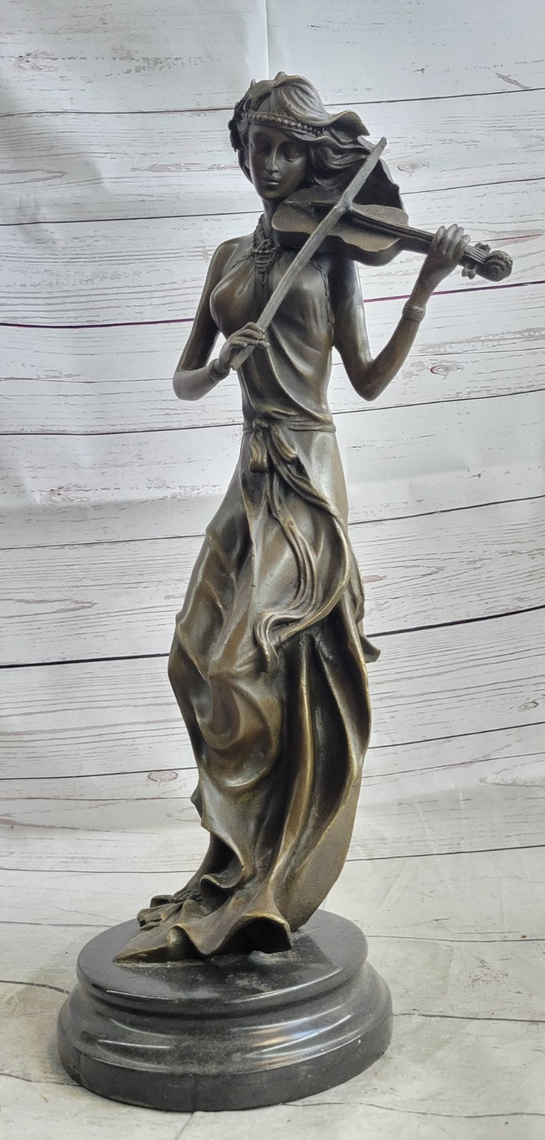 Brown Color Patina Bronze Sculpture Violin Player Viola Musician Figurine Decor