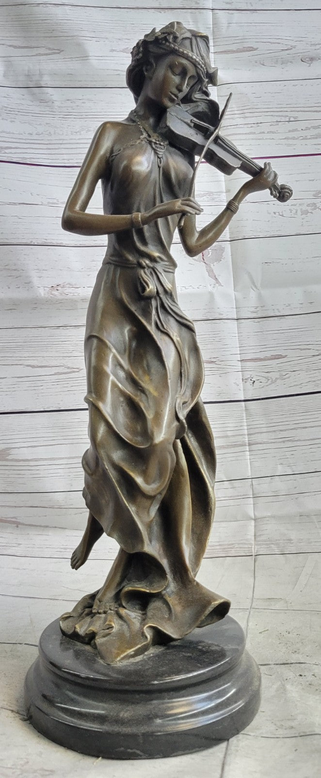 Brown Color Patina Bronze Sculpture Violin Player Viola Musician Figurine Decor