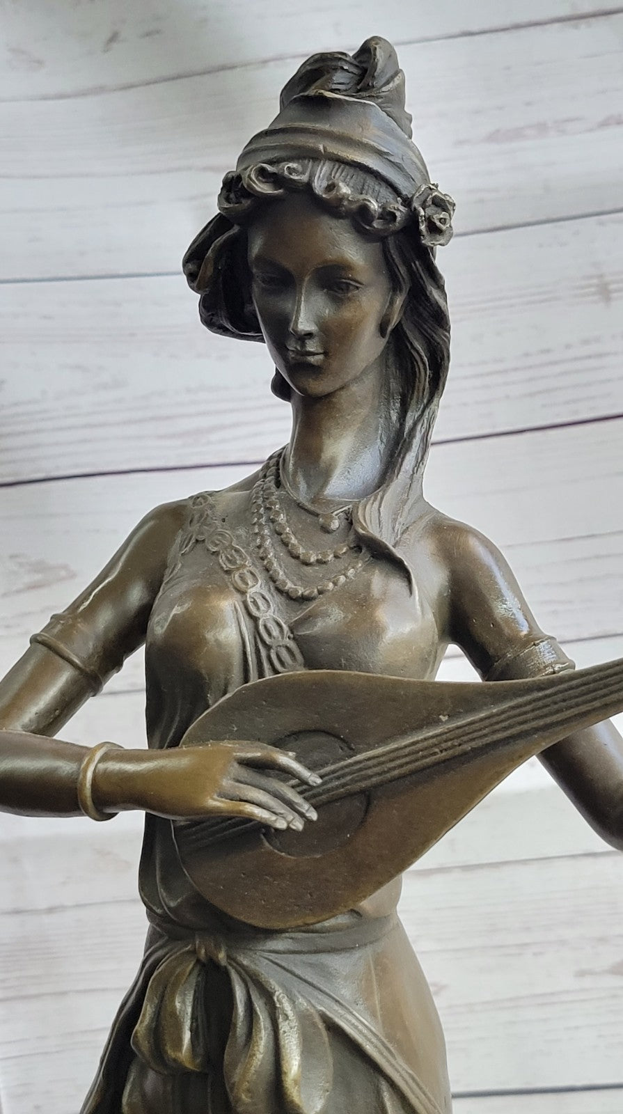 Jean Patoue`s Masterpiece: Handmade Bronze Statue of a Female Banjo Player