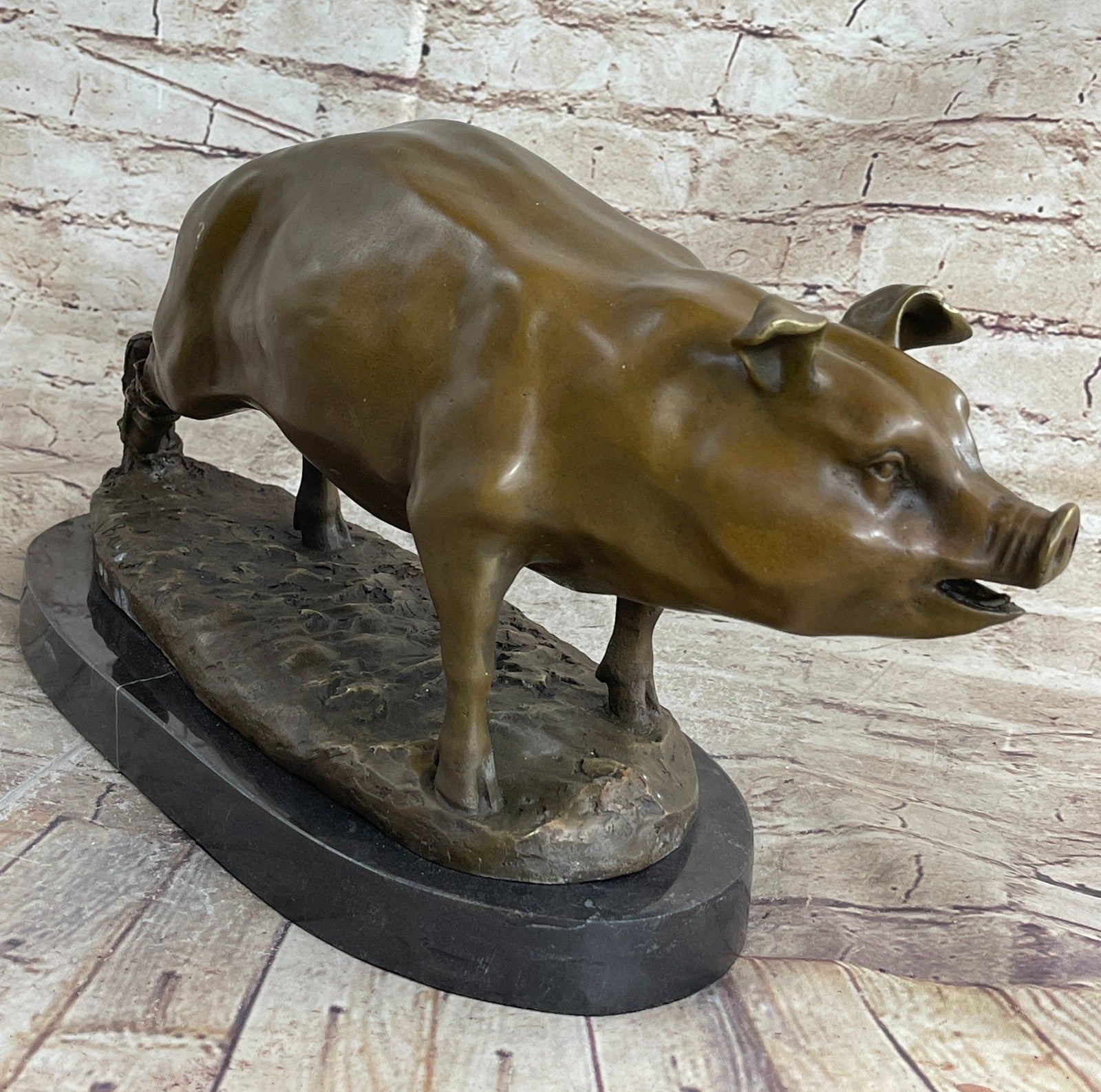 Bronze Sculpture Collectible Statue Animal SIGNED BARYE HAPPY PIG Figurine Decor