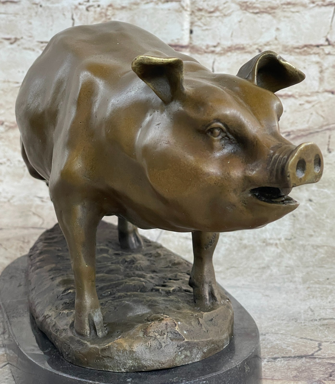 Bronze Sculpture Collectible Statue Animal SIGNED BARYE HAPPY PIG Figurine Decor
